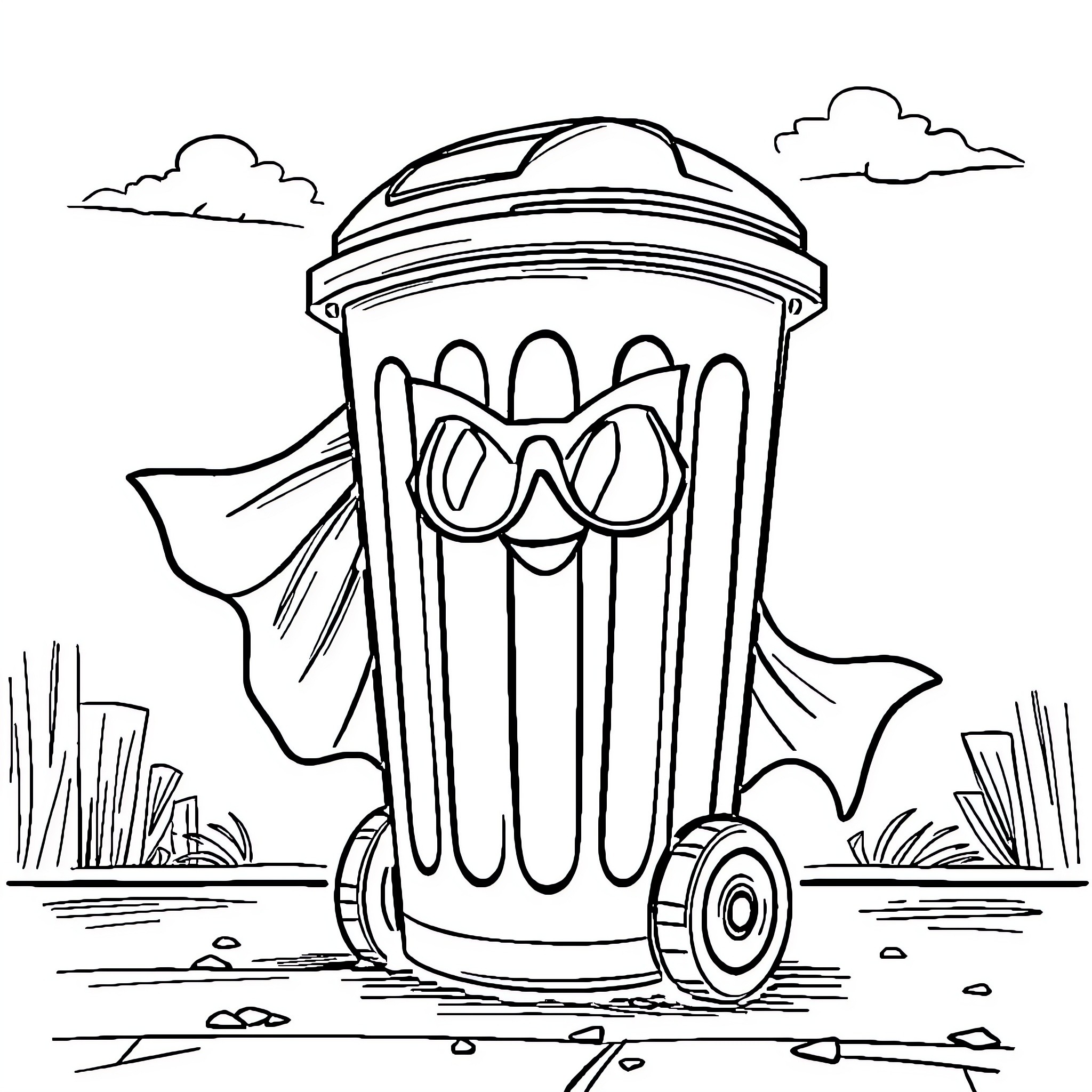 Superherotrashcan with a goofy expression and cape Coloring Page (free black-and-white line drawing printable PDF for all, from beginners to advanced learners, including children, teens, adults, and seniors)