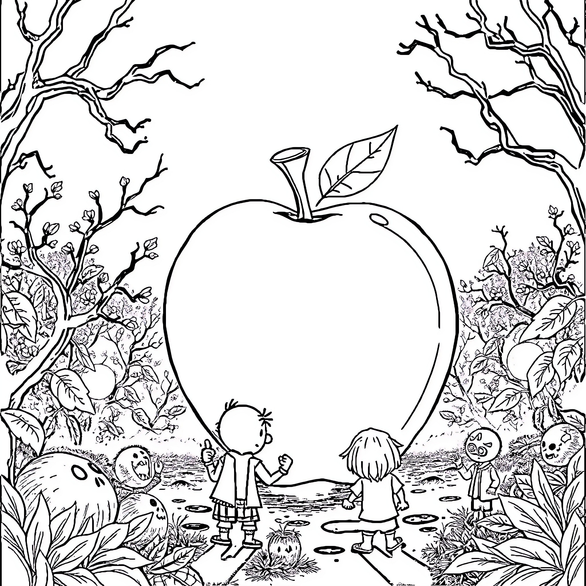Alien children exploring enchanted forest with giant apple Coloring Page (free black-and-white line drawing printable PDF for all, from beginners to advanced learners, including children, teens, adults, and seniors)