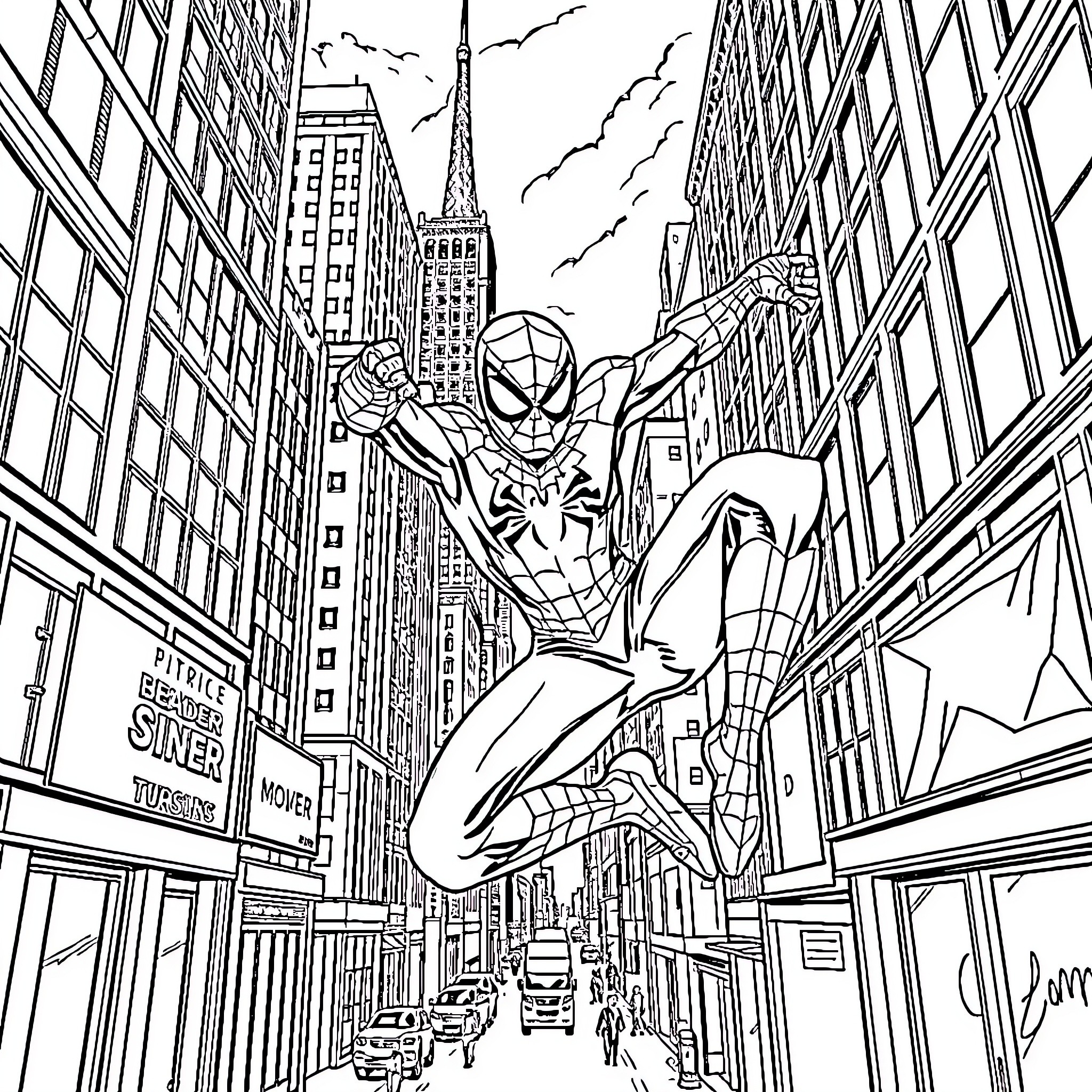 Spiderman swinging through the cityscape Coloring Page (free black-and-white line drawing printable PDF for all, from beginners to advanced learners, including children, teens, adults, and seniors)