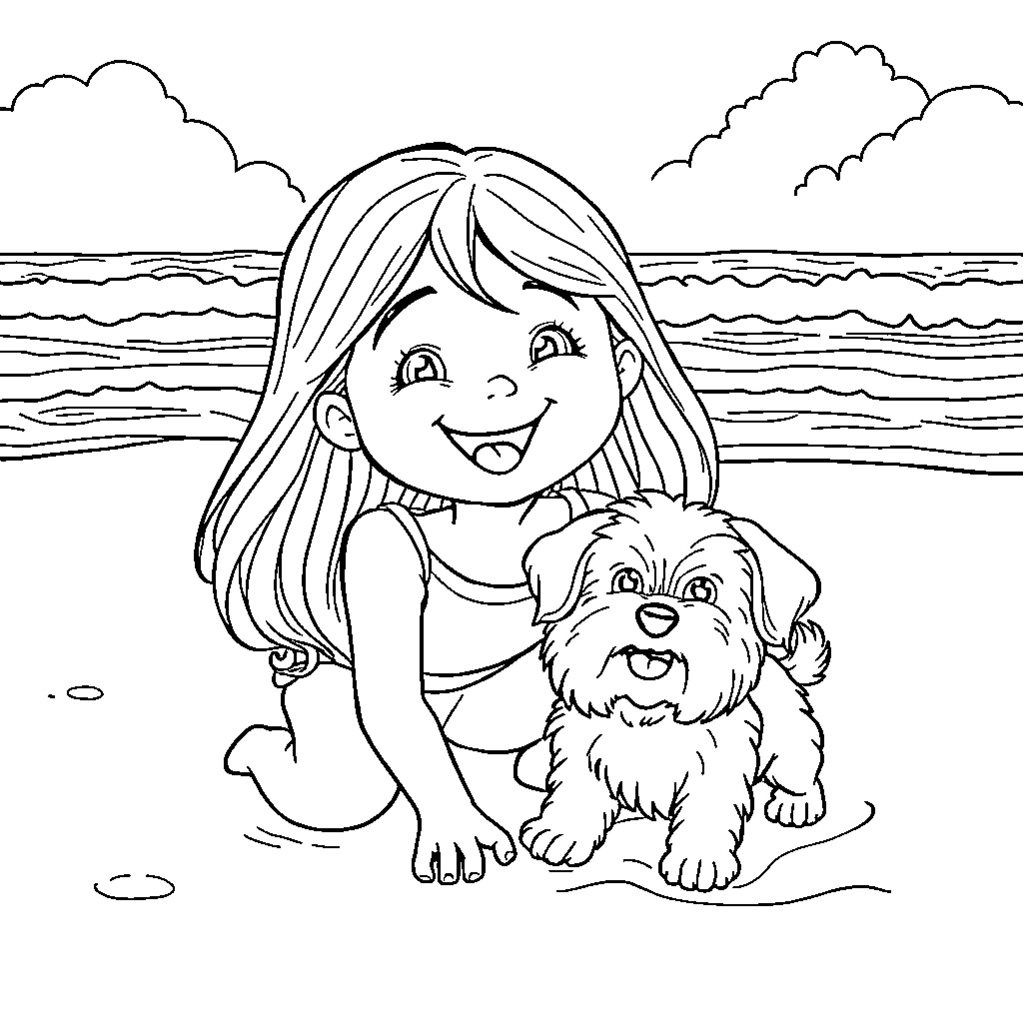 Girl and her pet dog playing on the beach Coloring Page (free black-and-white line drawing printable PDF for all, from beginners to advanced learners, including children, teens, adults, and seniors)