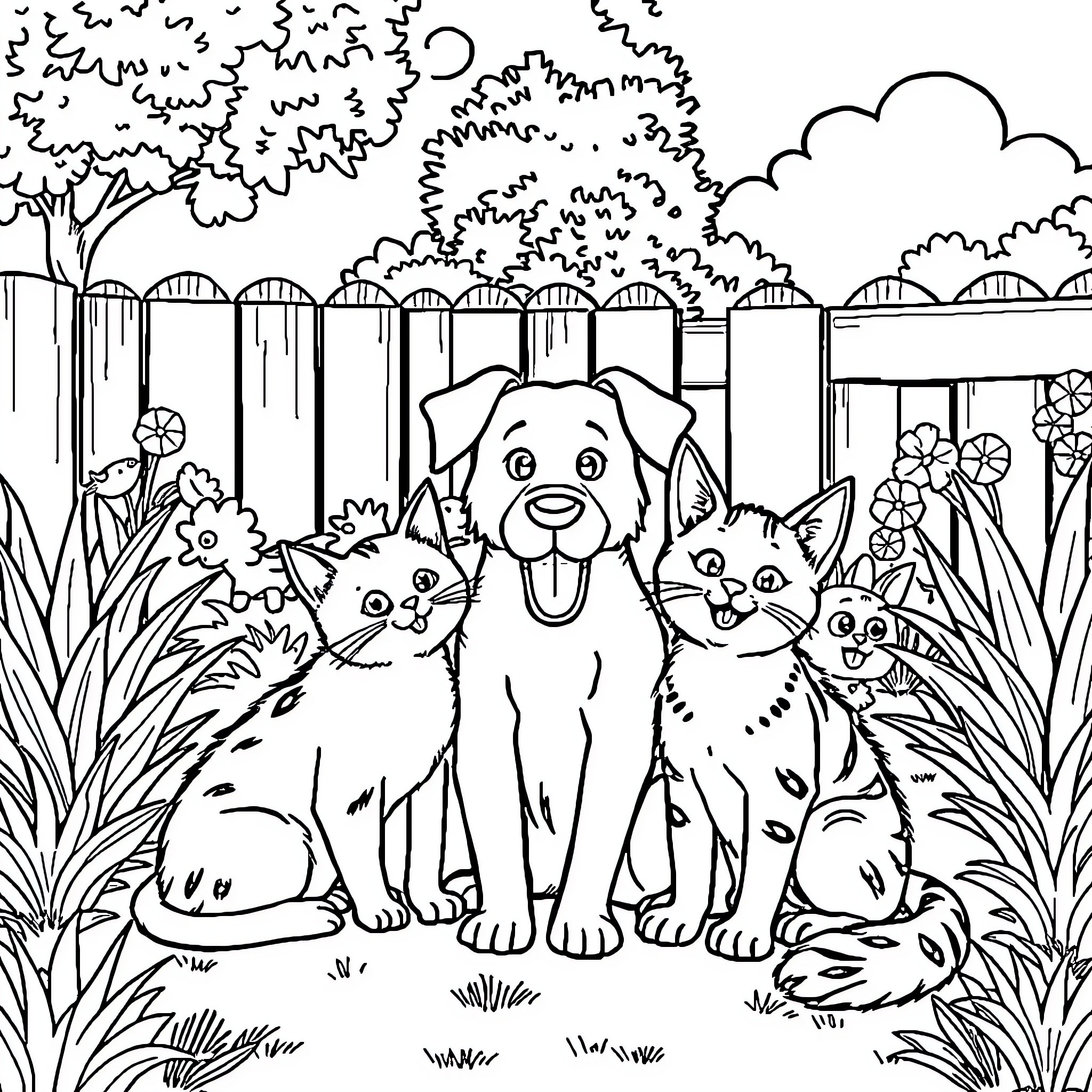 Cat and Dog Friends in the Backyard Coloring Page (free black-and-white line drawing printable PDF for all, from beginners to advanced learners, including children, teens, adults, and seniors)