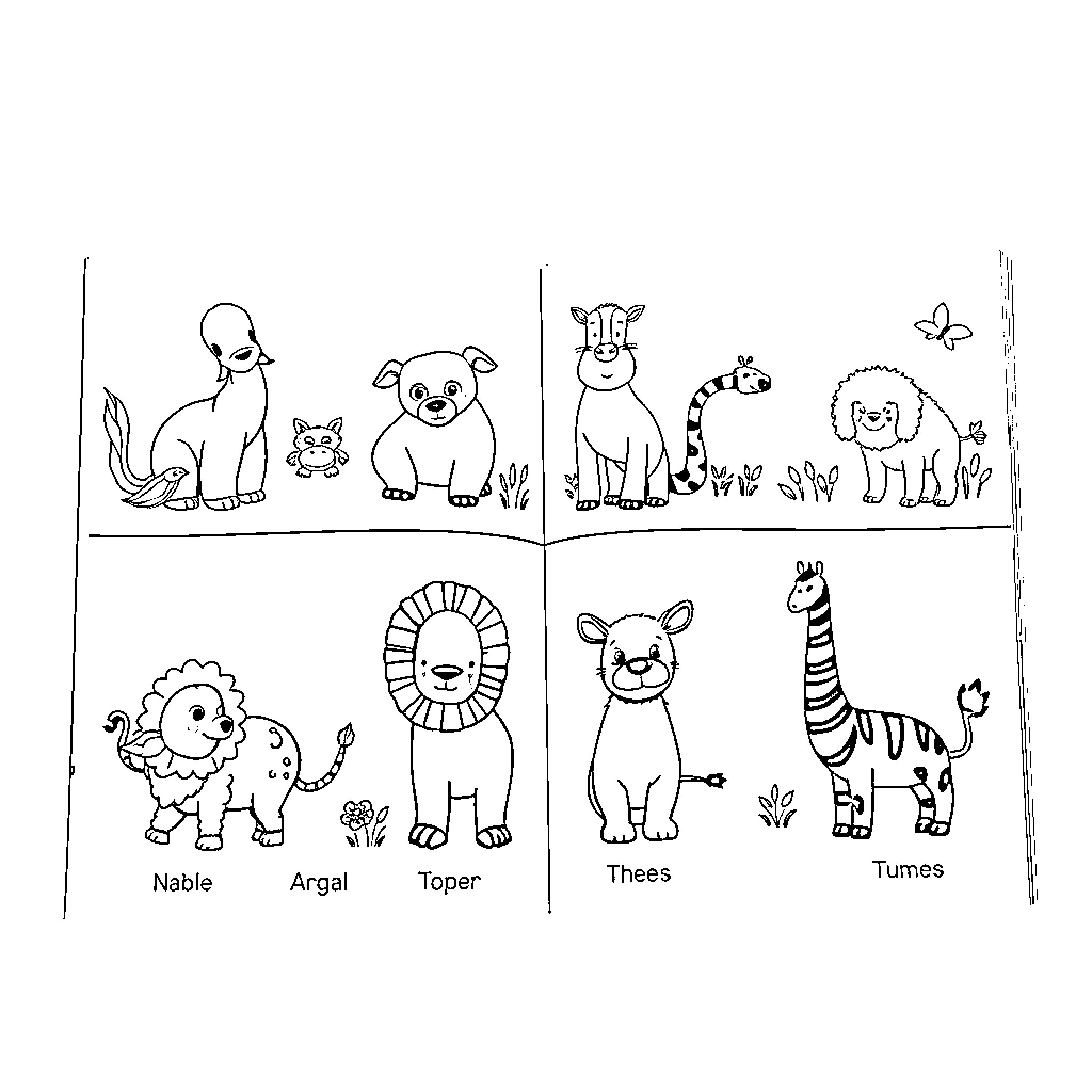 Animal characters in a whimsical scene Coloring Page (free black-and-white line drawing printable PDF for all, from beginners to advanced learners, including children, teens, adults, and seniors)