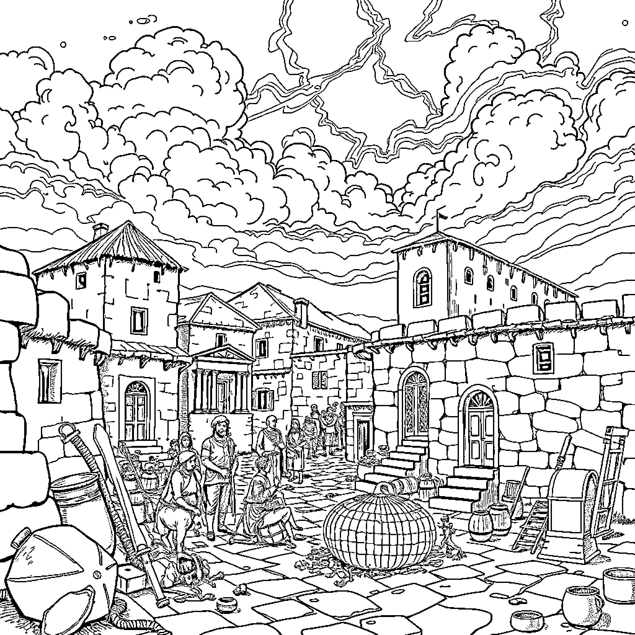 History of Ancient Village Life and Architecture Coloring Page (free black-and-white line drawing printable PDF for all, from beginners to advanced learners, including children, teens, adults, and seniors)