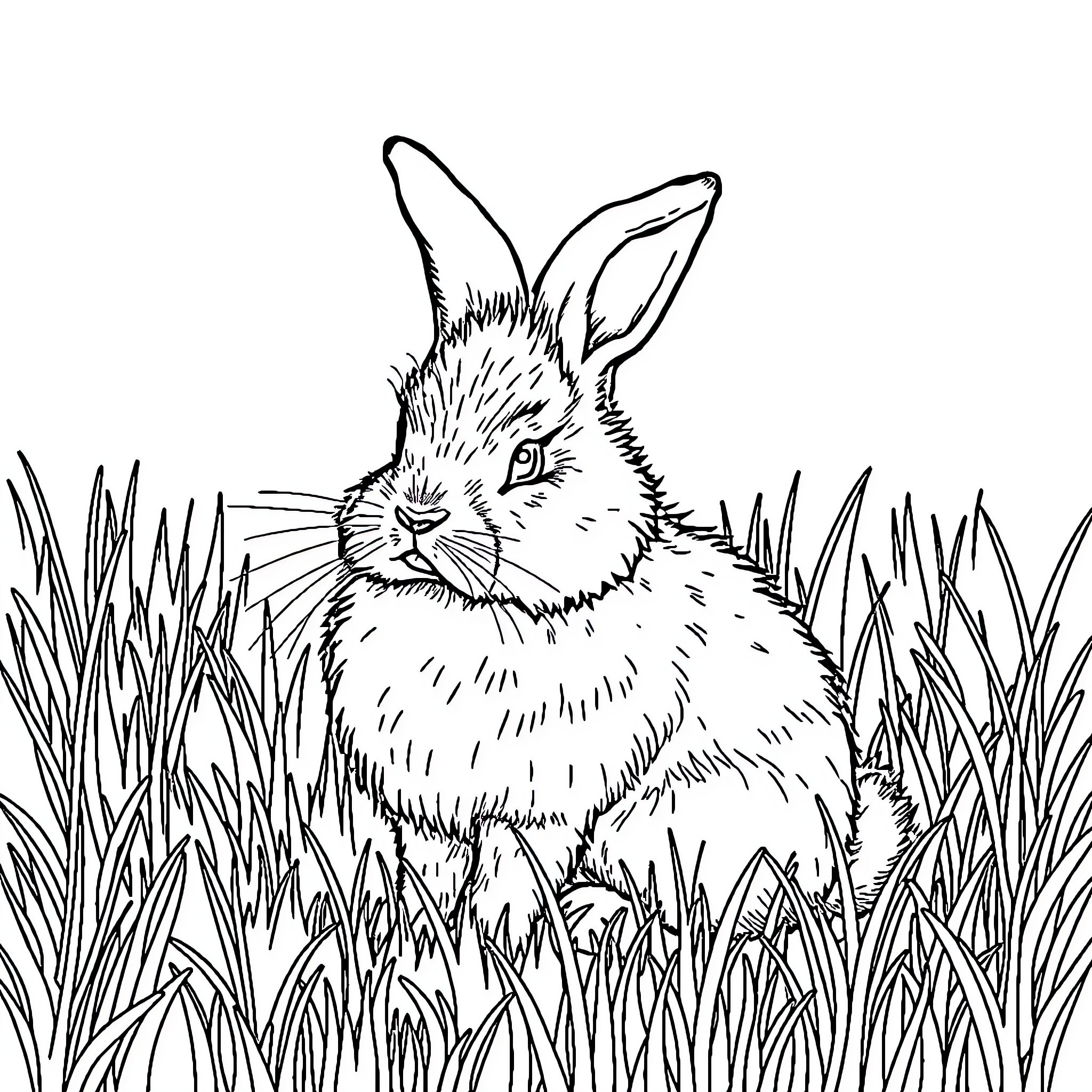 Bunny hiding in the tall grass Coloring Page (free black-and-white line drawing printable PDF for all, from beginners to advanced learners, including children, teens, adults, and seniors)