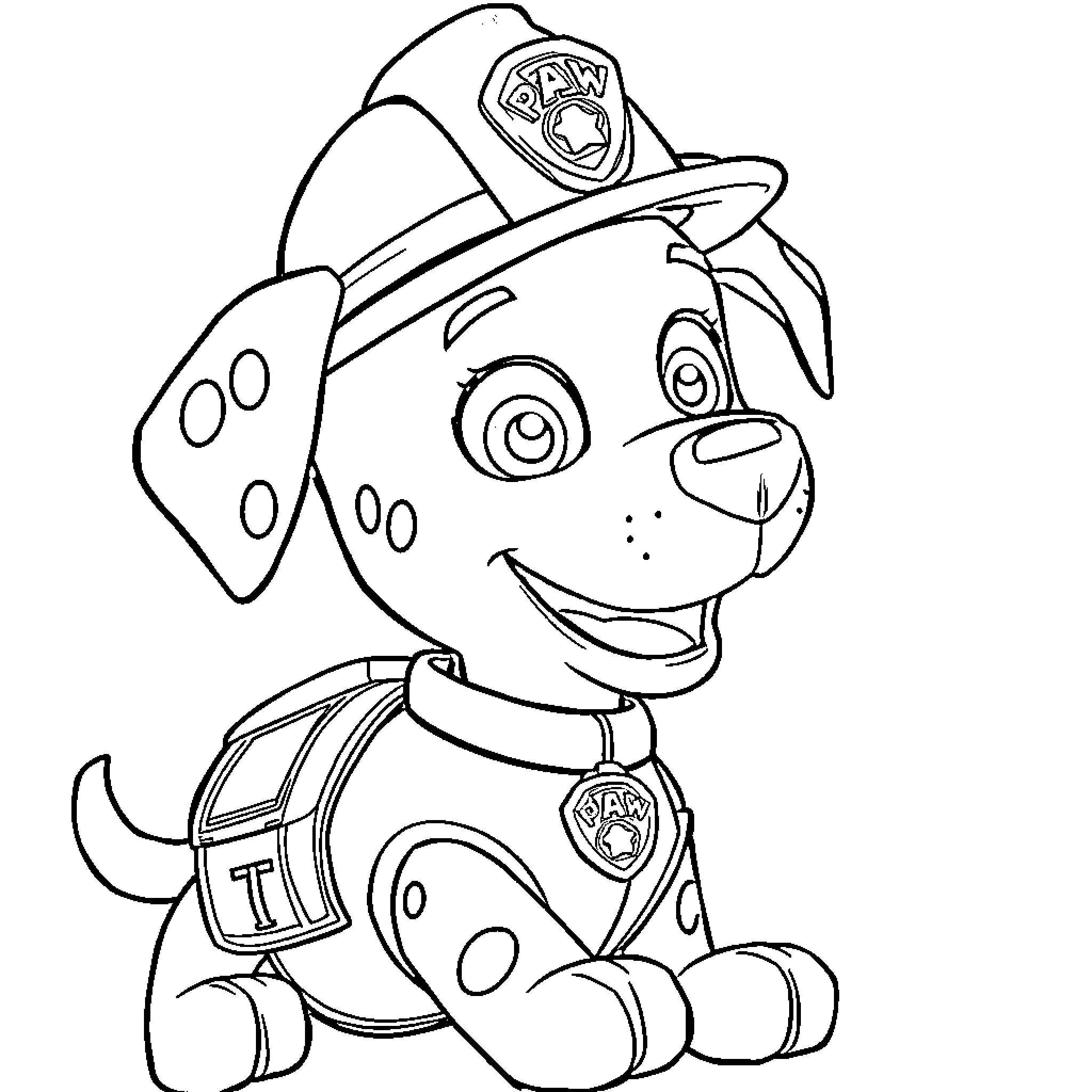 Marshall the Cheerful Firefighter Pup Coloring Page (free black-and-white line drawing printable PDF for all, from beginners to advanced learners, including children, teens, adults, and seniors)