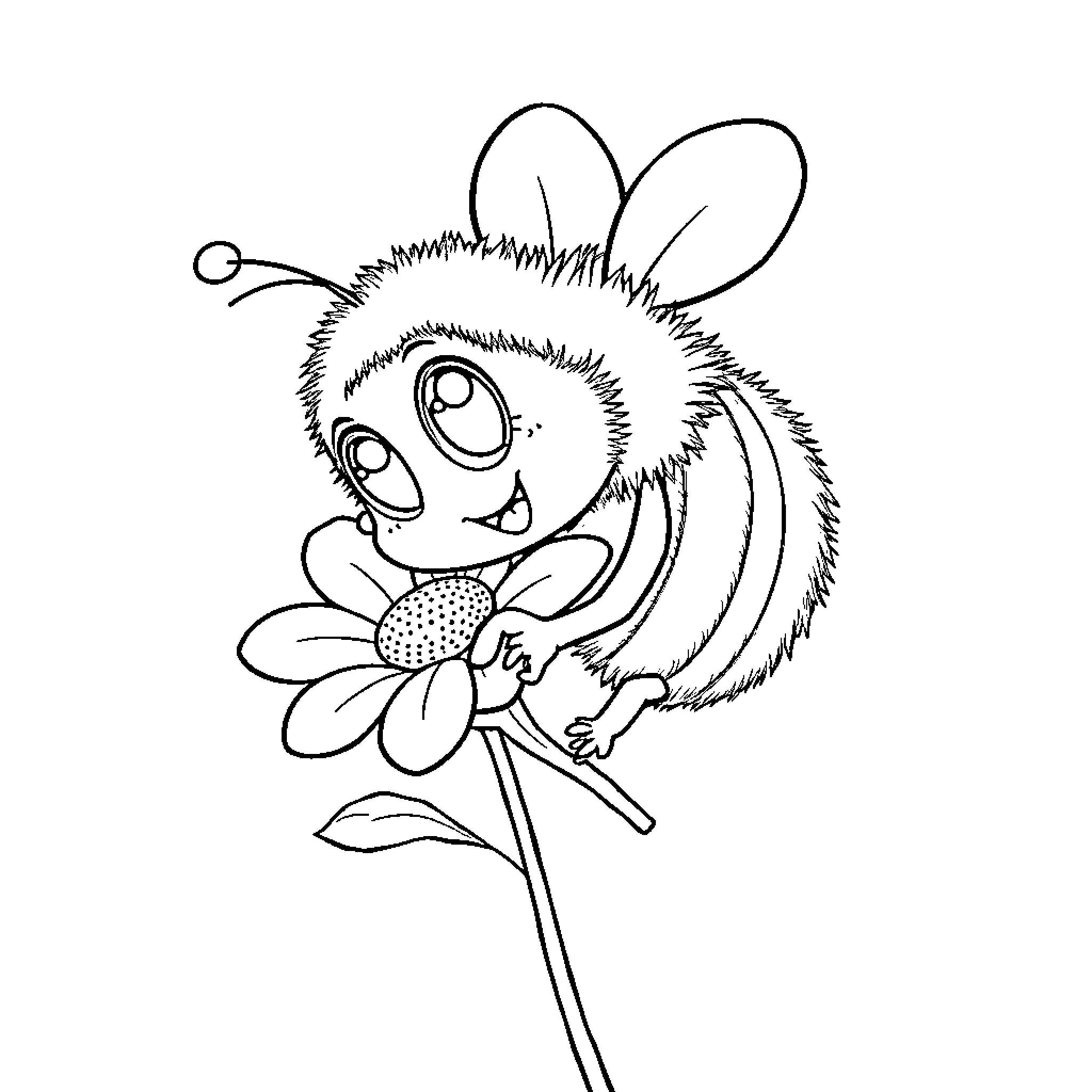 Bumblebee enjoying a daisy flower Coloring Page (free black-and-white line drawing printable PDF for all, from beginners to advanced learners, including children, teens, adults, and seniors)