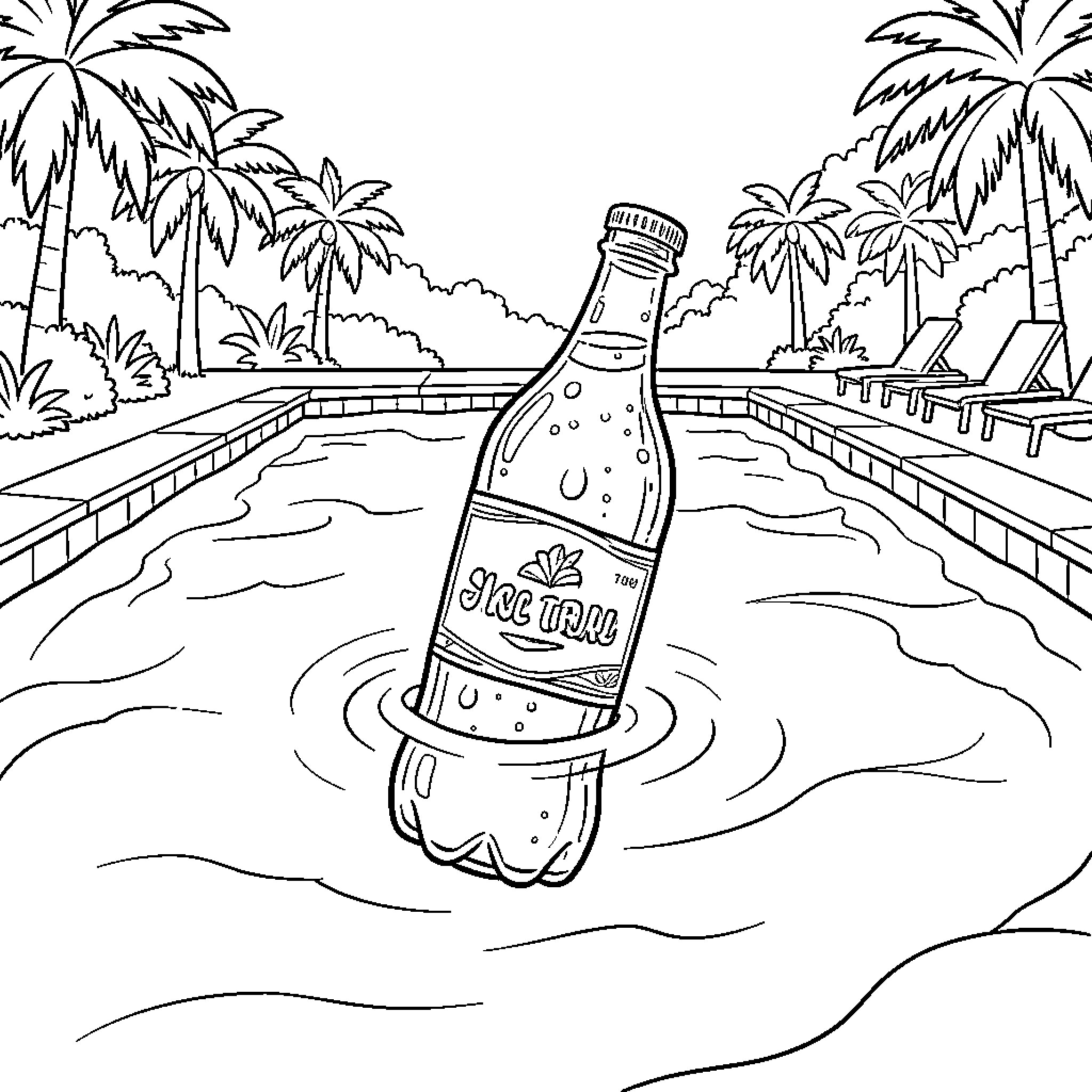 Bouteille flottant tranquillement dans une piscine tropicale Coloring Page (free black-and-white line drawing printable PDF for all, from beginners to advanced learners, including children, teens, adults, and seniors)