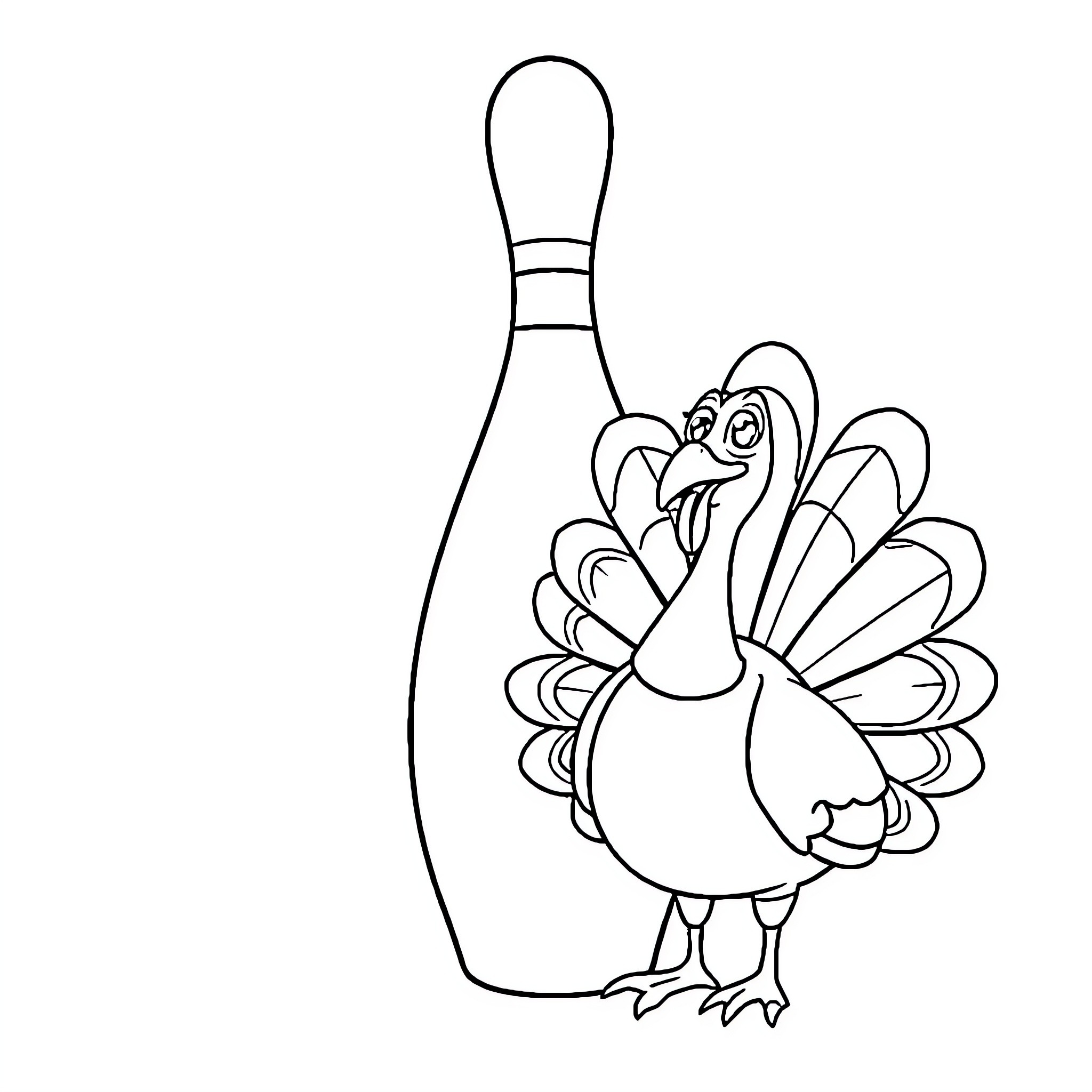 Bowling Pin Turkey Celebrating Coloring Page (free black-and-white line drawing printable PDF for all, from beginners to advanced learners, including children, teens, adults, and seniors)