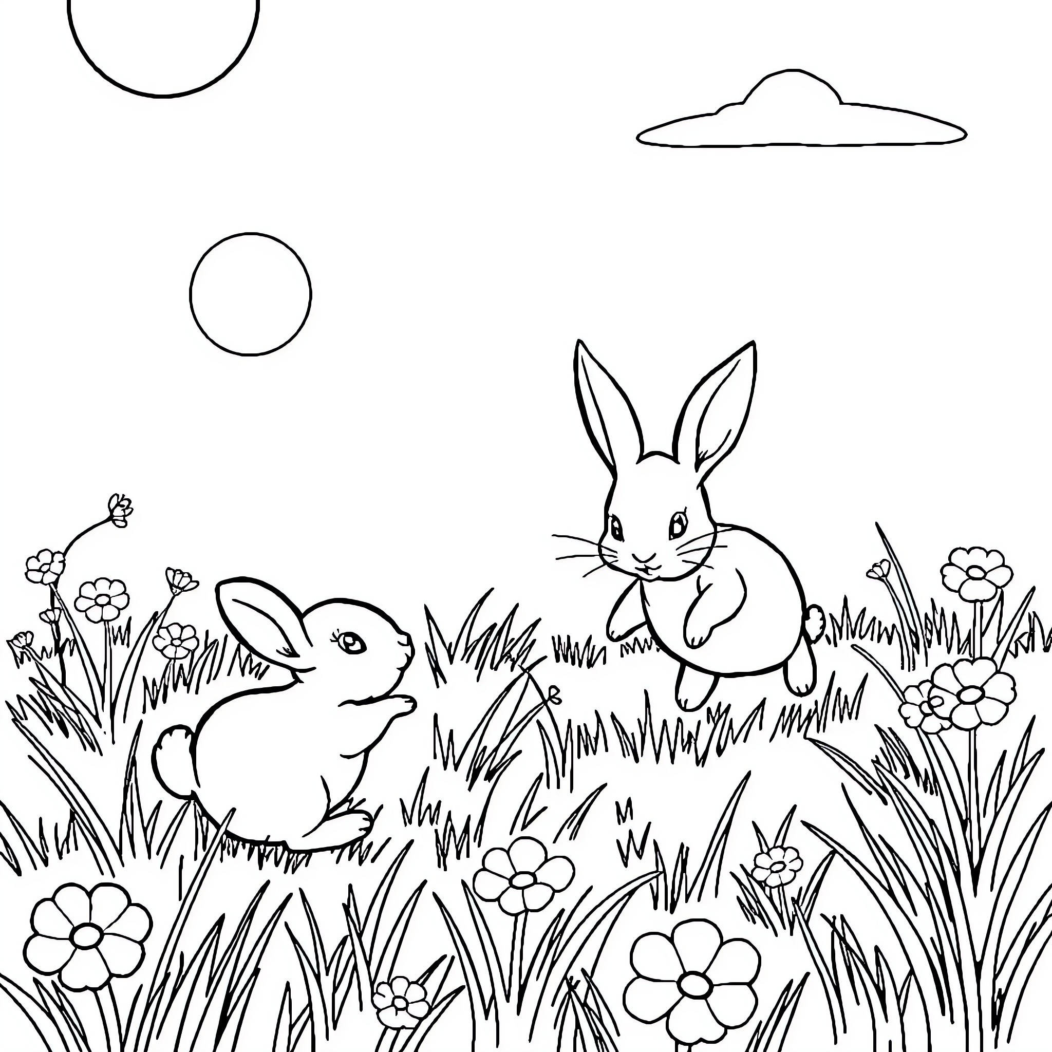 Bunny rabbits frolicking in a grassy meadow Coloring Page (free black-and-white line drawing printable PDF for all, from beginners to advanced learners, including children, teens, adults, and seniors)