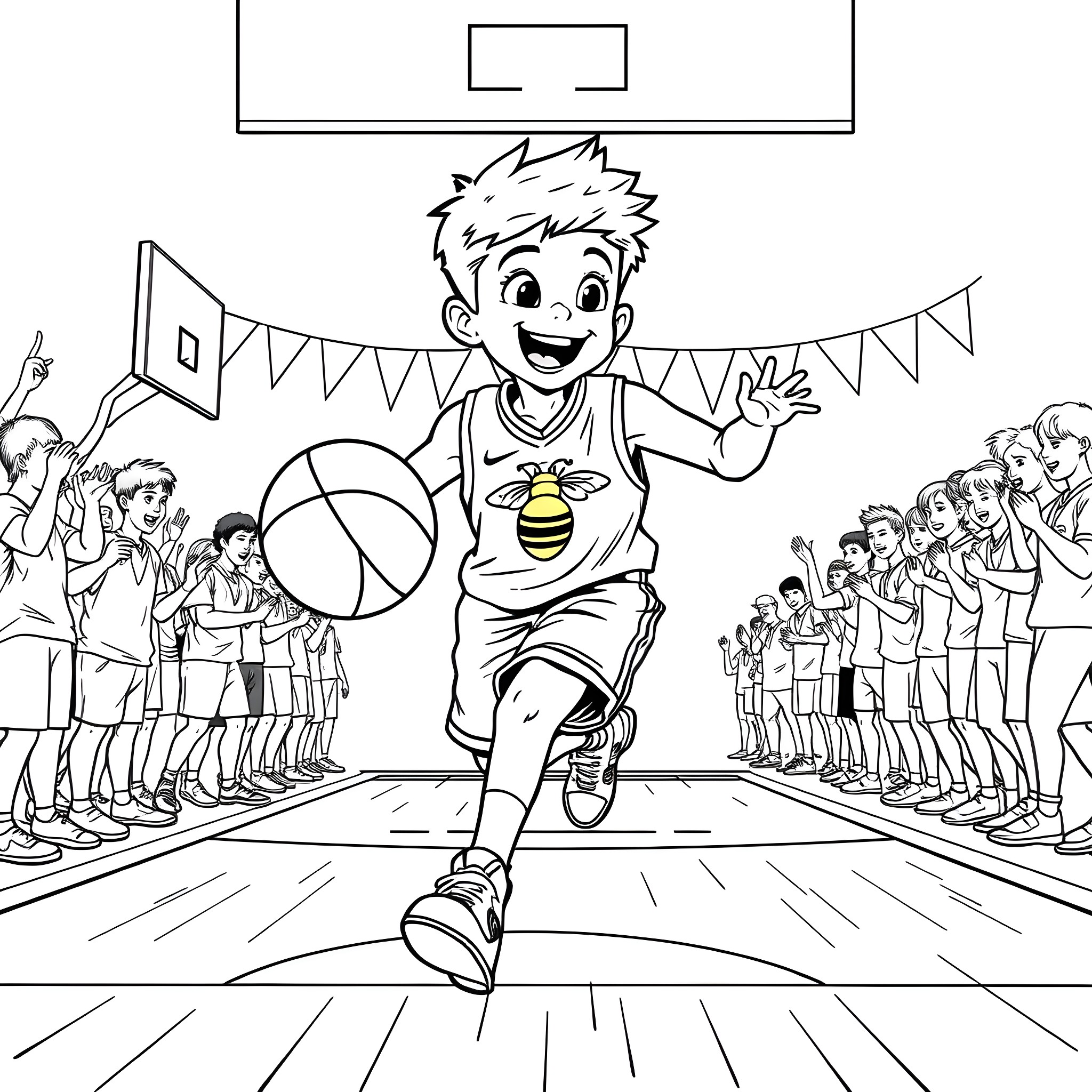 Boy Happily Playing Basketball with Cheering Crowd Coloring Page (free black-and-white line drawing printable PDF for all, from beginners to advanced learners, including children, teens, adults, and seniors)