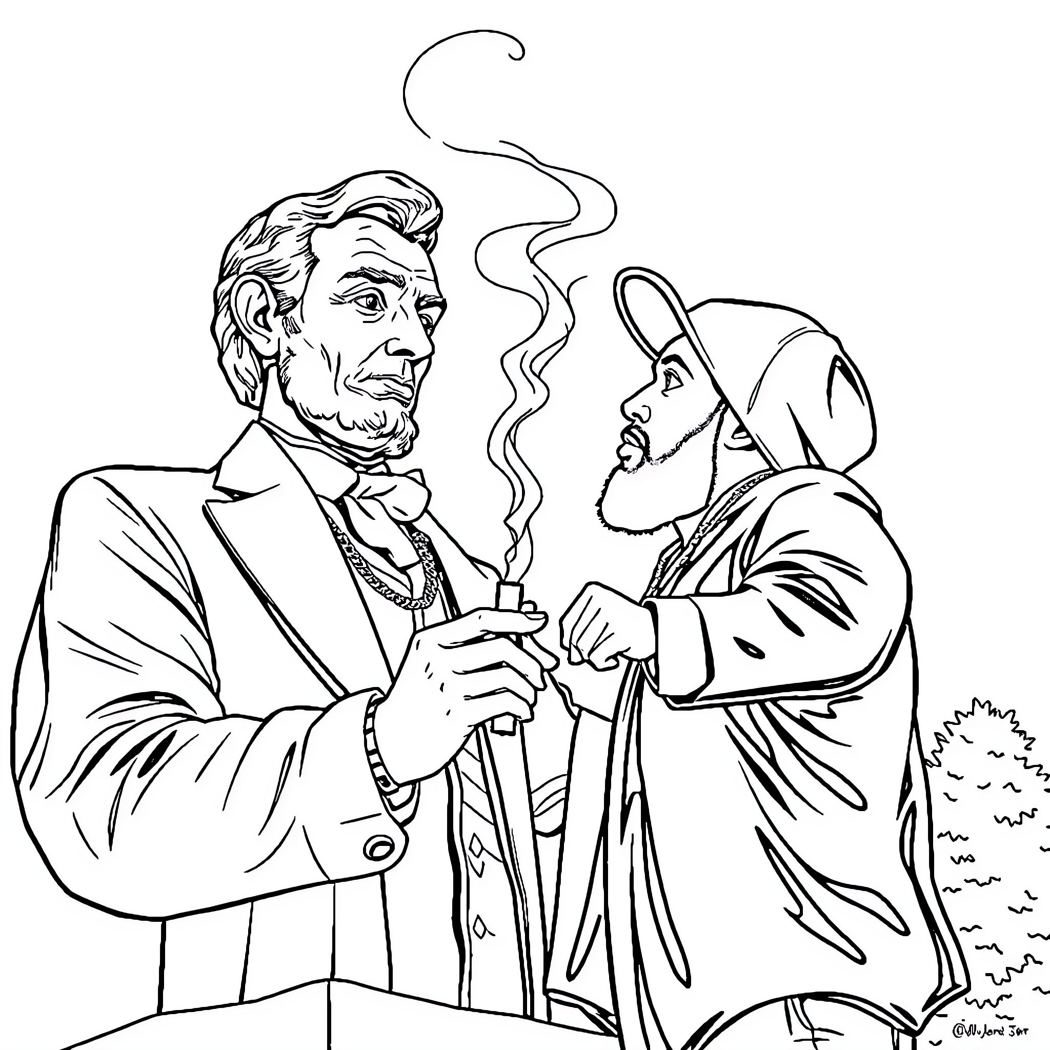 Mac Miller Smoking a Cigar with a Friend Coloring Page (free black-and-white line drawing printable PDF for all, from beginners to advanced learners, including children, teens, adults, and seniors)