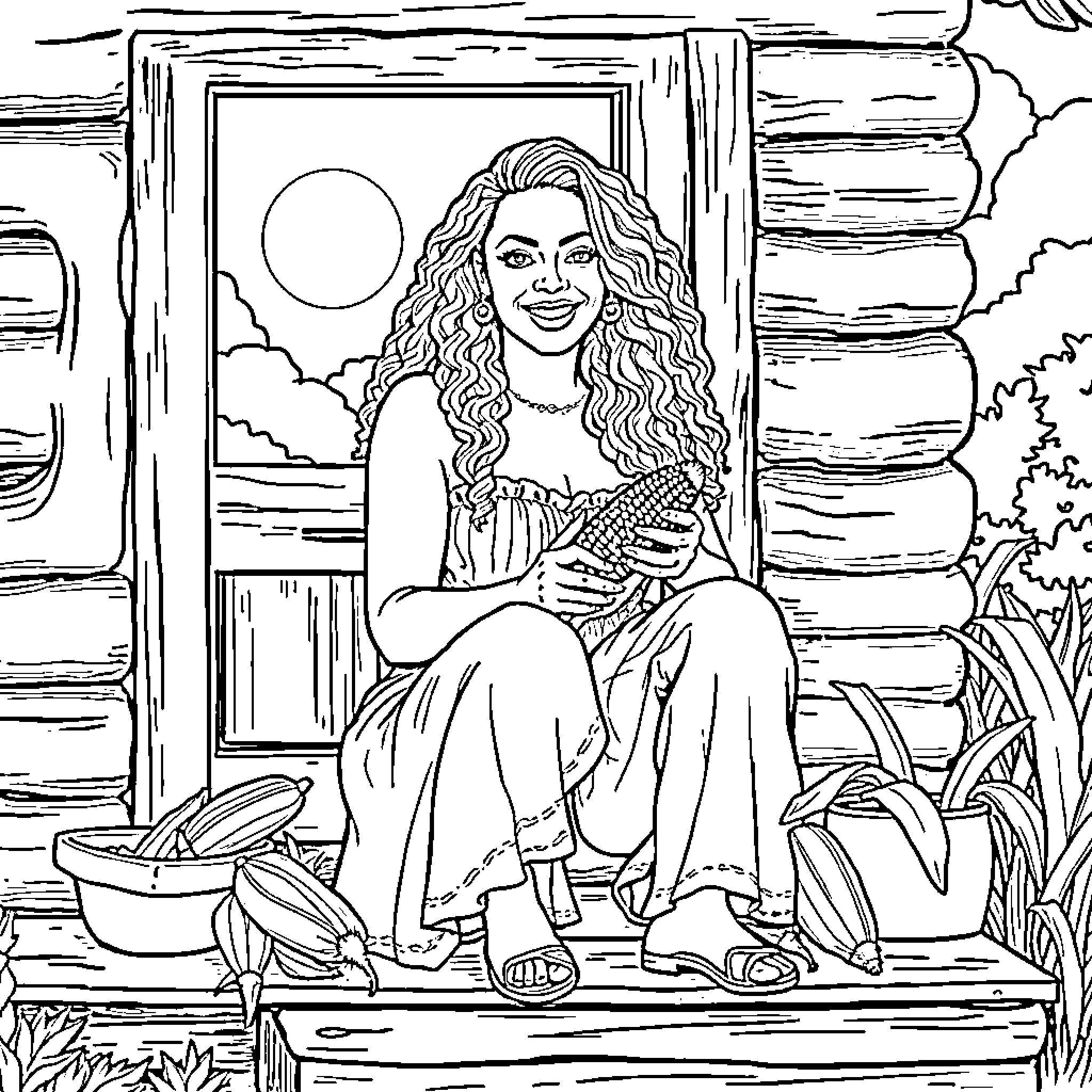 Beyonce enjoying the outdoors on a summer day Coloring Page (free black-and-white line drawing printable PDF for all, from beginners to advanced learners, including children, teens, adults, and seniors)