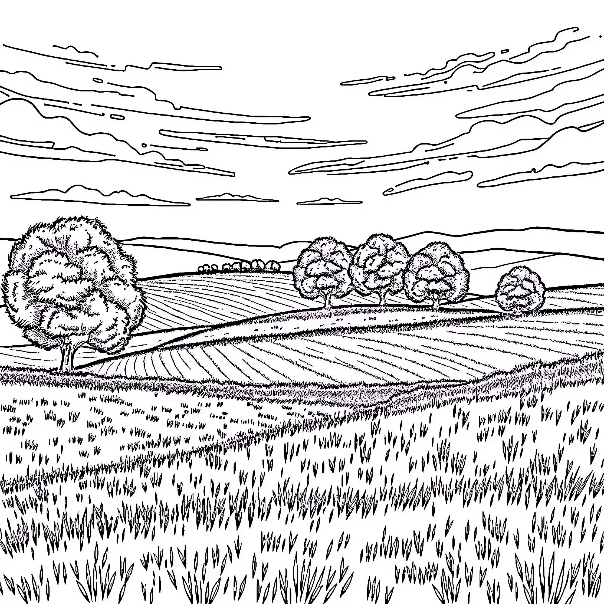 Countryside landscape with rolling hills and trees Coloring Page (free black-and-white line drawing printable PDF for all, from beginners to advanced learners, including children, teens, adults, and seniors)