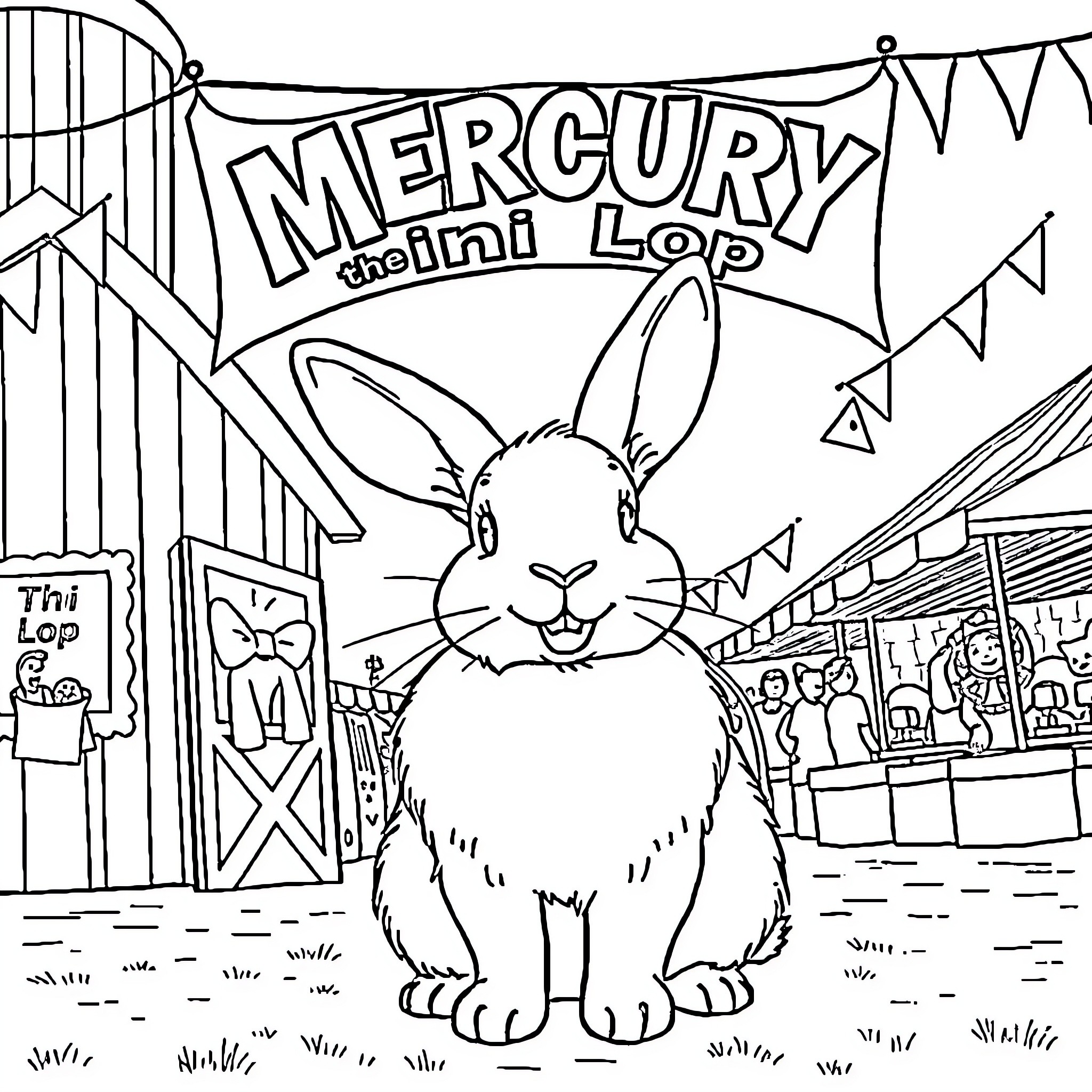 Mini Lop Rabbit at the County Fair Coloring Page (free black-and-white line drawing printable PDF for all, from beginners to advanced learners, including children, teens, adults, and seniors)
