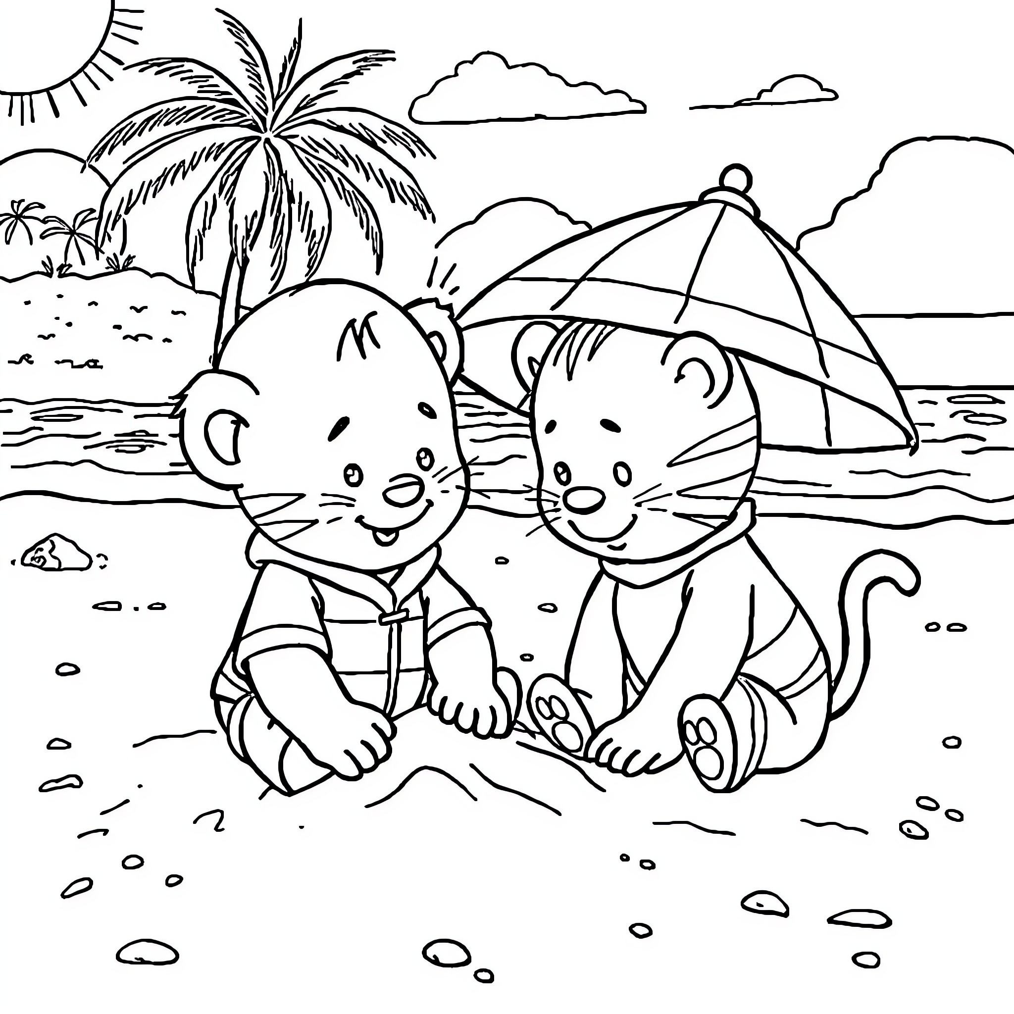 Daniel Tiger enjoying a beach day with friends Coloring Page (free black-and-white line drawing printable PDF for all, from beginners to advanced learners, including children, teens, adults, and seniors)