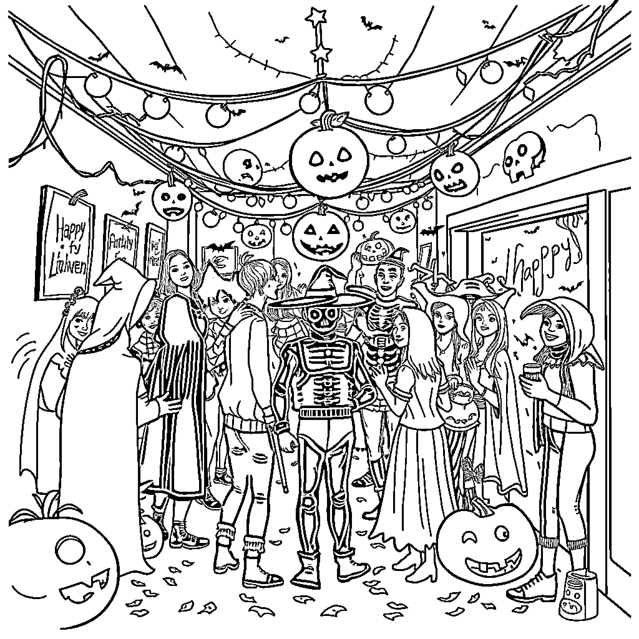 Halloween Party with Costumed Revelers and Festive Decorations Coloring Page (free black-and-white line drawing printable PDF for all, from beginners to advanced learners, including children, teens, adults, and seniors)