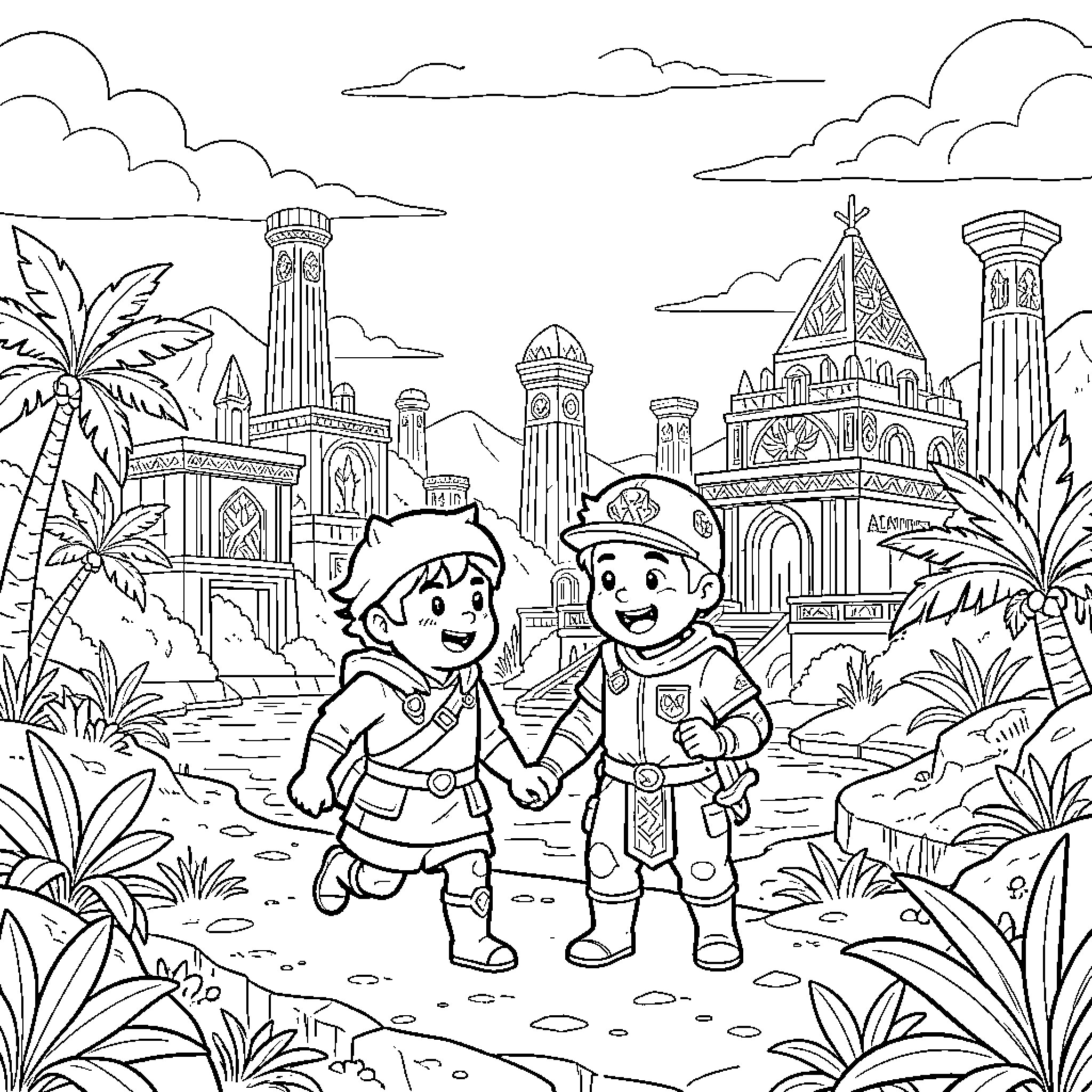 Kida's Adventure in the Enchanting City Coloring Page (free black-and-white line drawing printable PDF for all, from beginners to advanced learners, including children, teens, adults, and seniors)