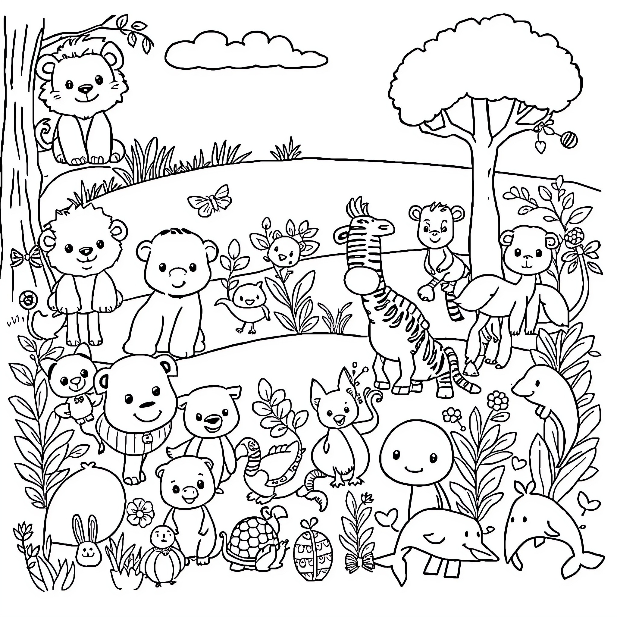 Animal friends playing in the forest Coloring Page (free black-and-white line drawing printable PDF for all, from beginners to advanced learners, including children, teens, adults, and seniors)