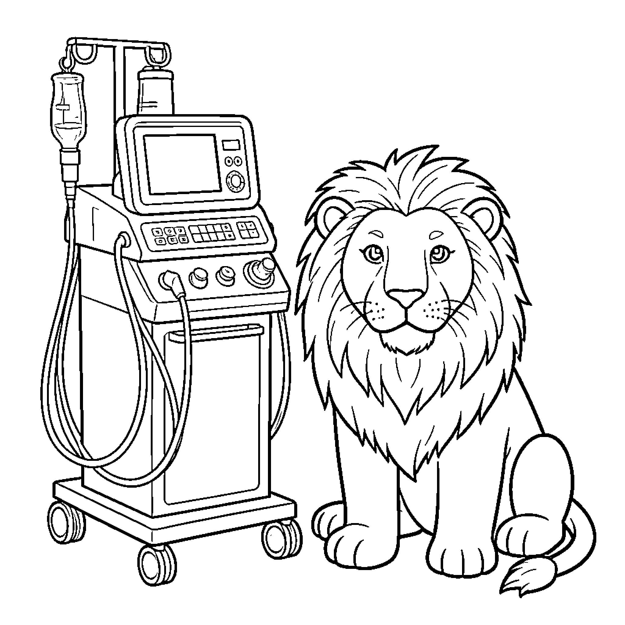 Lion beside medical equipment Coloring Page (free black-and-white line drawing printable PDF for all, from beginners to advanced learners, including children, teens, adults, and seniors)