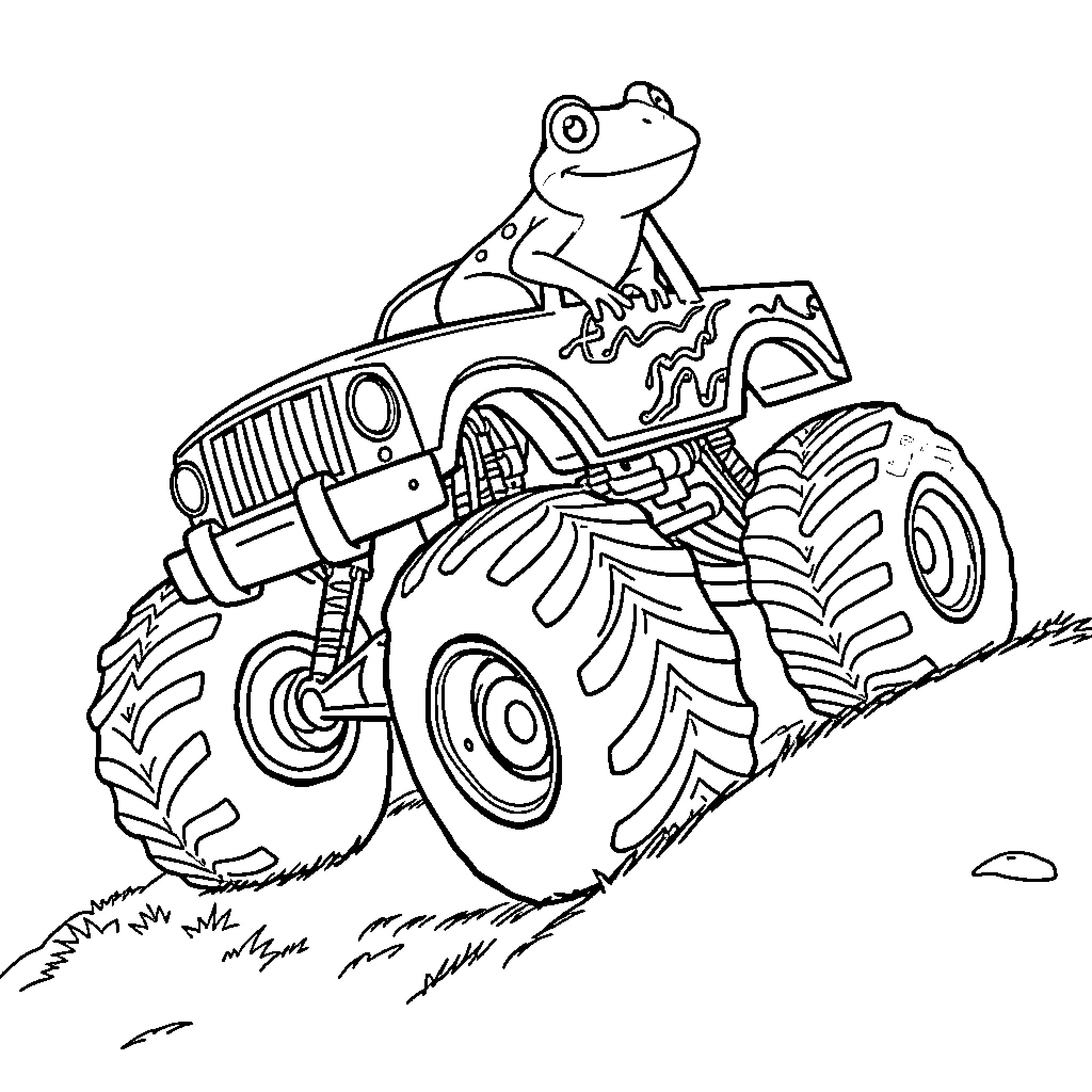 Frog riding a monster truck through the countryside Coloring Page (free black-and-white line drawing printable PDF for all, from beginners to advanced learners, including children, teens, adults, and seniors)