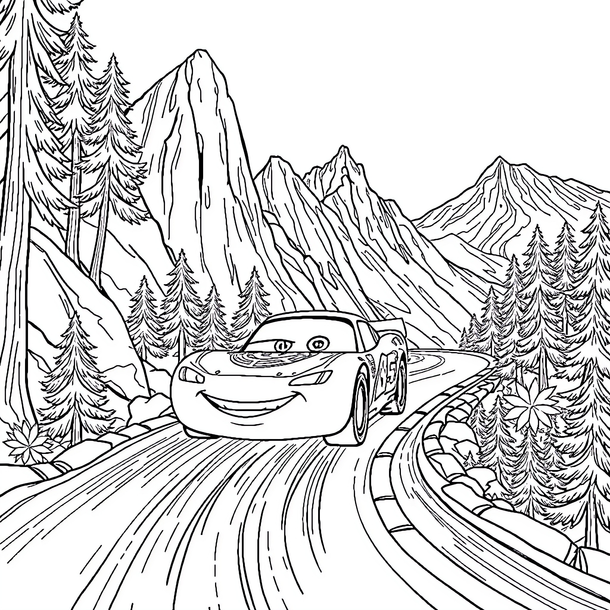 Flash McQueen racing through the mountains Coloring Page (free black-and-white line drawing printable PDF for all, from beginners to advanced learners, including children, teens, adults, and seniors)
