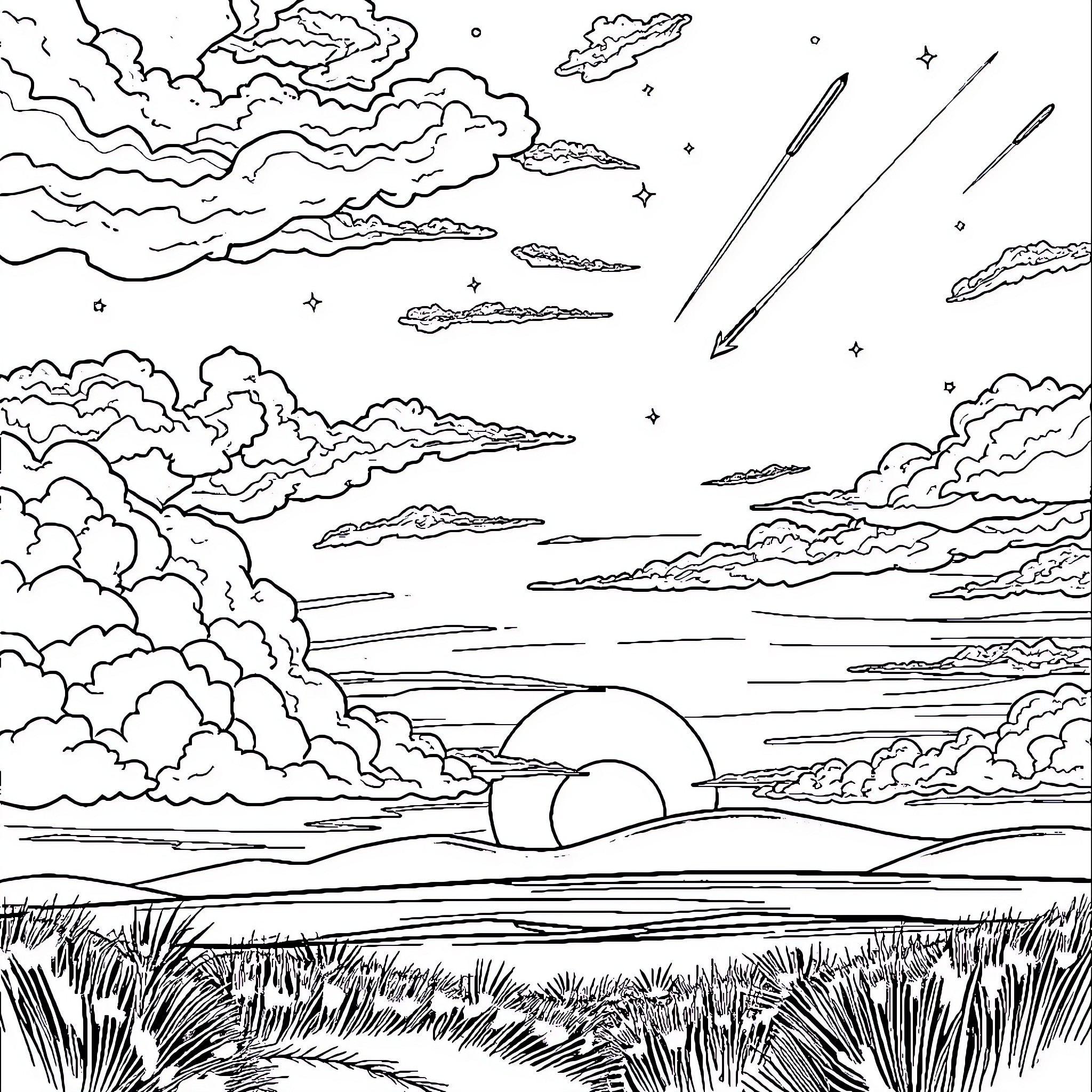 Sunset over the cloudy horizon Coloring Page (free black-and-white line drawing printable PDF for all, from beginners to advanced learners, including children, teens, adults, and seniors)