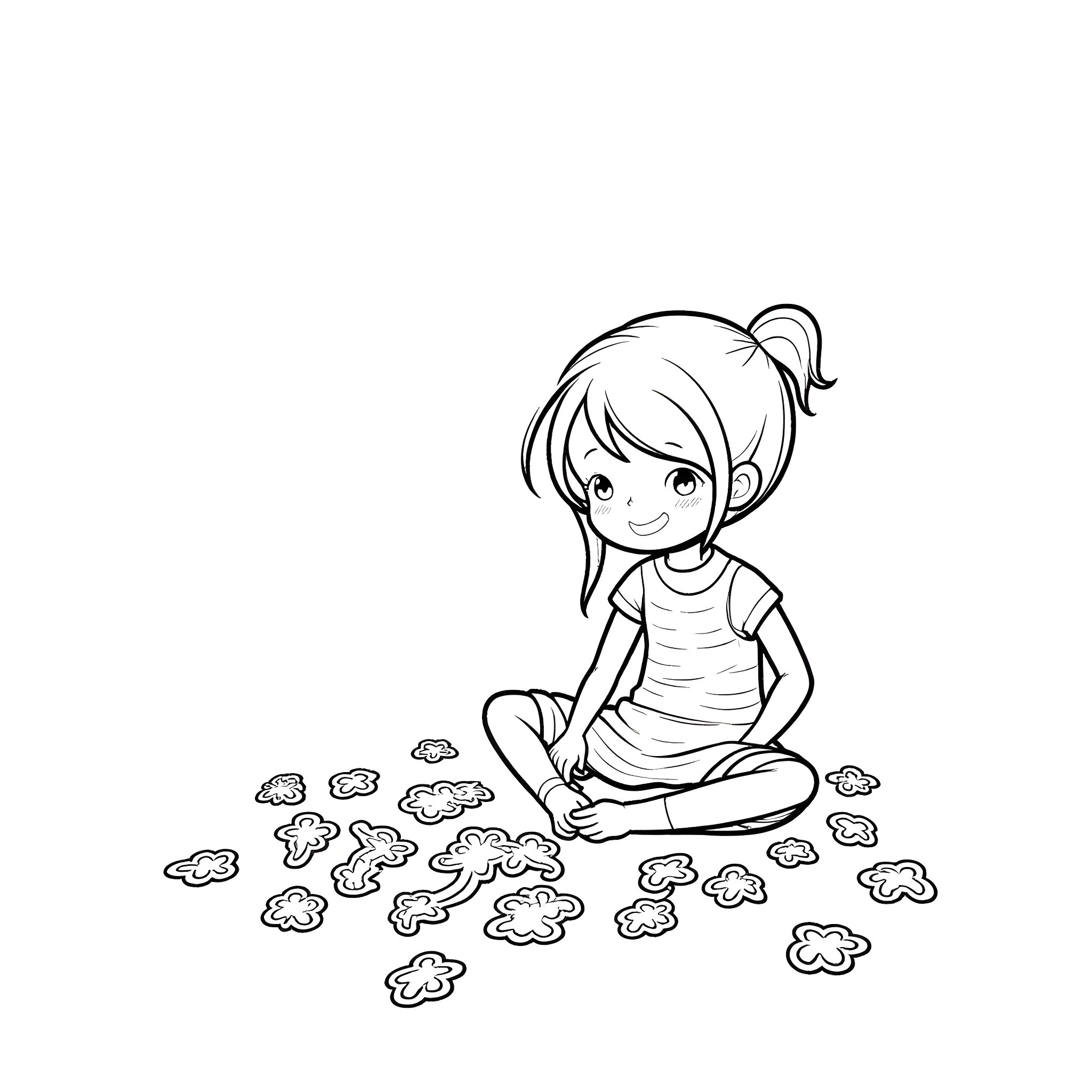 Girl sitting on the floor with flowers Coloring Page (free black-and-white line drawing printable PDF for all, from beginners to advanced learners, including children, teens, adults, and seniors)