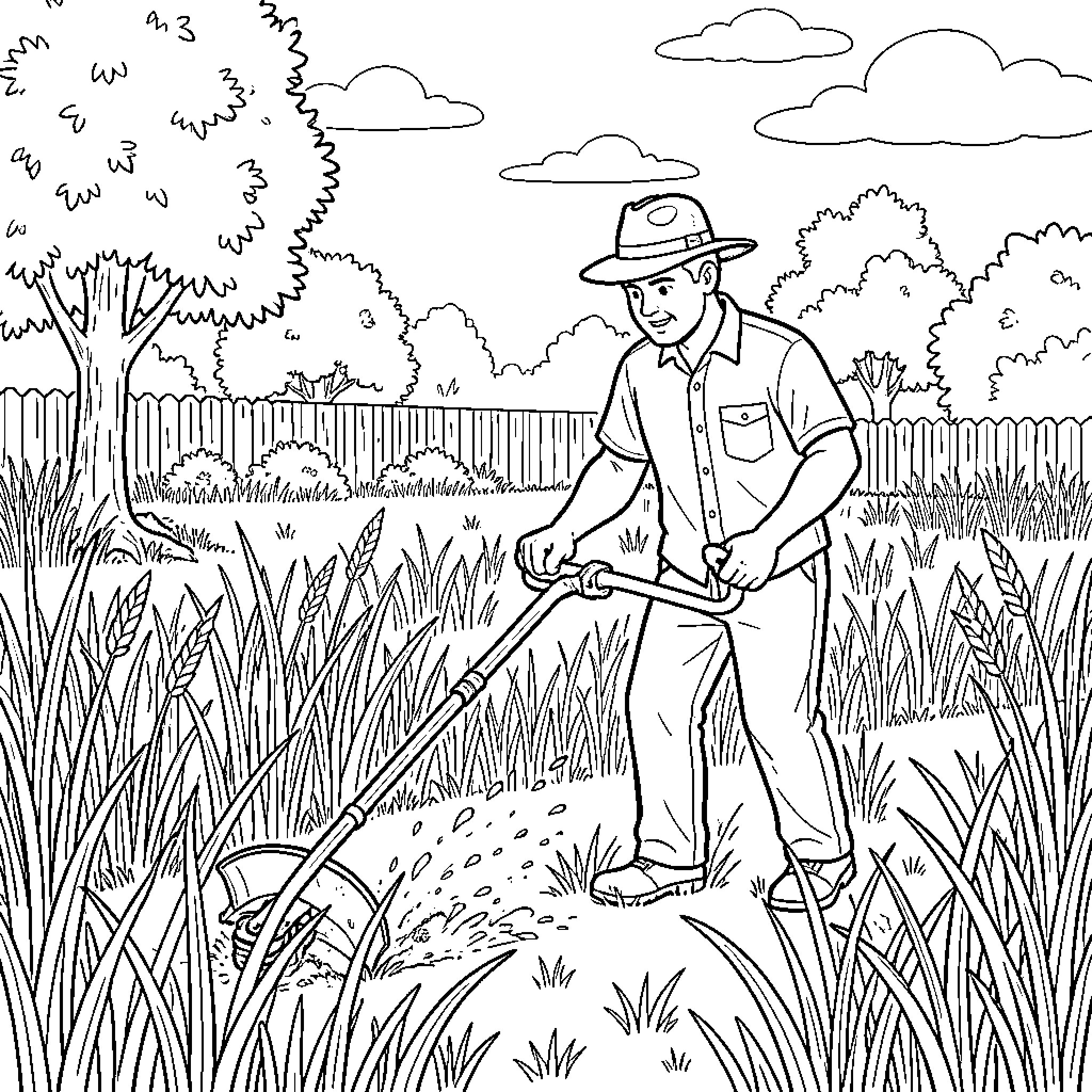 Jul gardening in the lush outdoor scenery Coloring Page (free black-and-white line drawing printable PDF for all, from beginners to advanced learners, including children, teens, adults, and seniors)