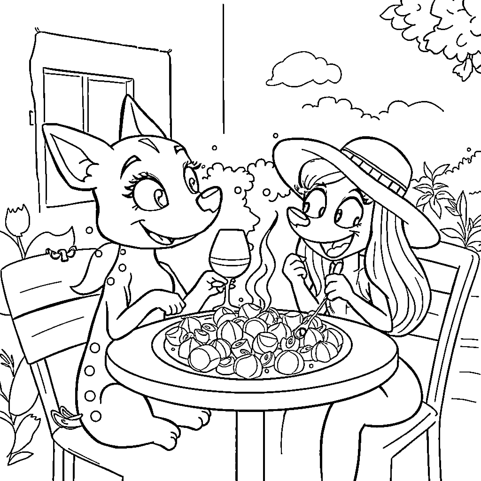 Bluey and Friends Enjoying a Picnic Outdoors Coloring Page (free black-and-white line drawing printable PDF for all, from beginners to advanced learners, including children, teens, adults, and seniors)