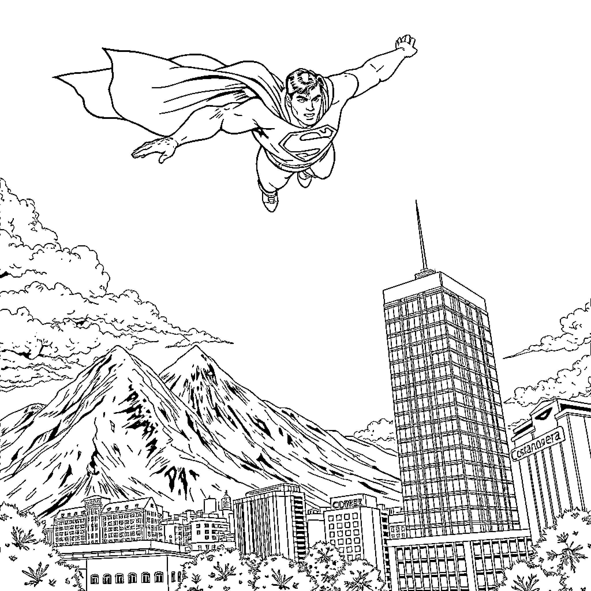 Superman soaring heroically over a city skyline Coloring Page (free black-and-white line drawing printable PDF for all, from beginners to advanced learners, including children, teens, adults, and seniors)