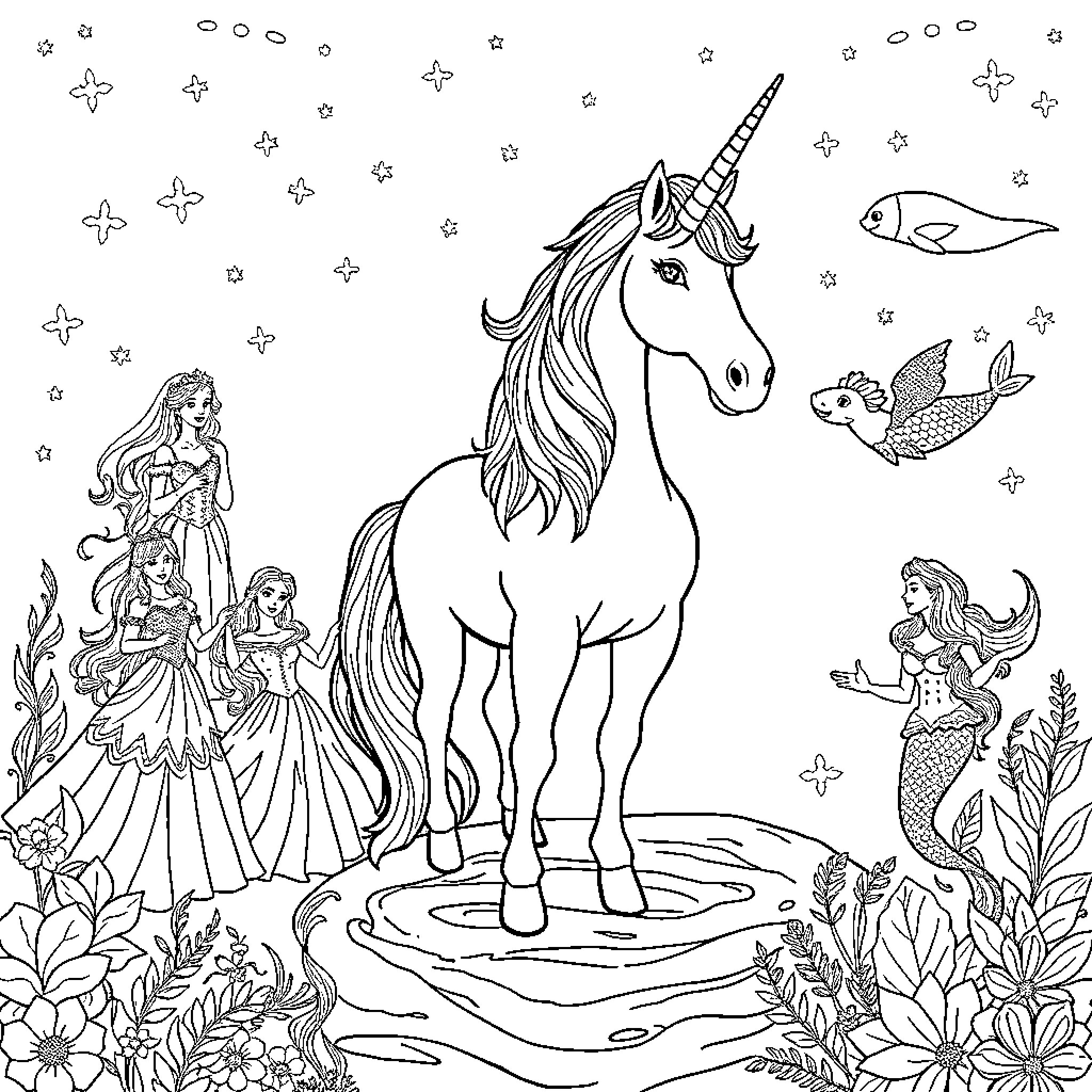 Unicorn in a magical underwater scene with mermaids Coloring Page (free black-and-white line drawing printable PDF for all, from beginners to advanced learners, including children, teens, adults, and seniors)