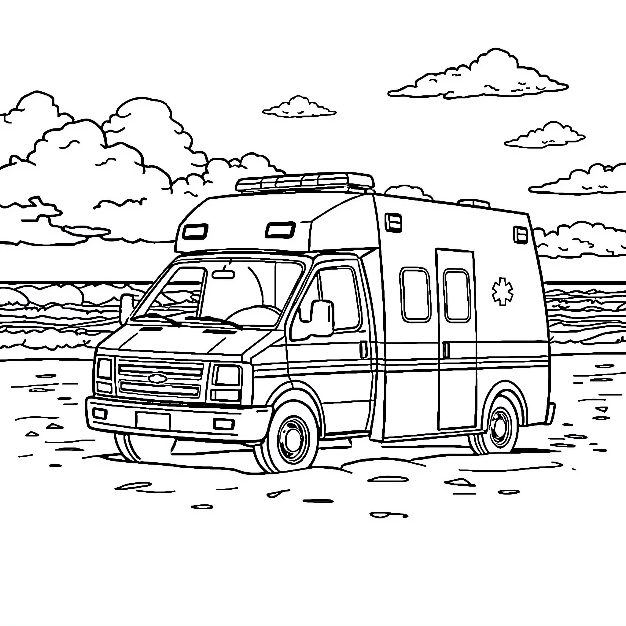 Ambulancia responding to emergency on the road Coloring Page (free black-and-white line drawing printable PDF for all, from beginners to advanced learners, including children, teens, adults, and seniors)