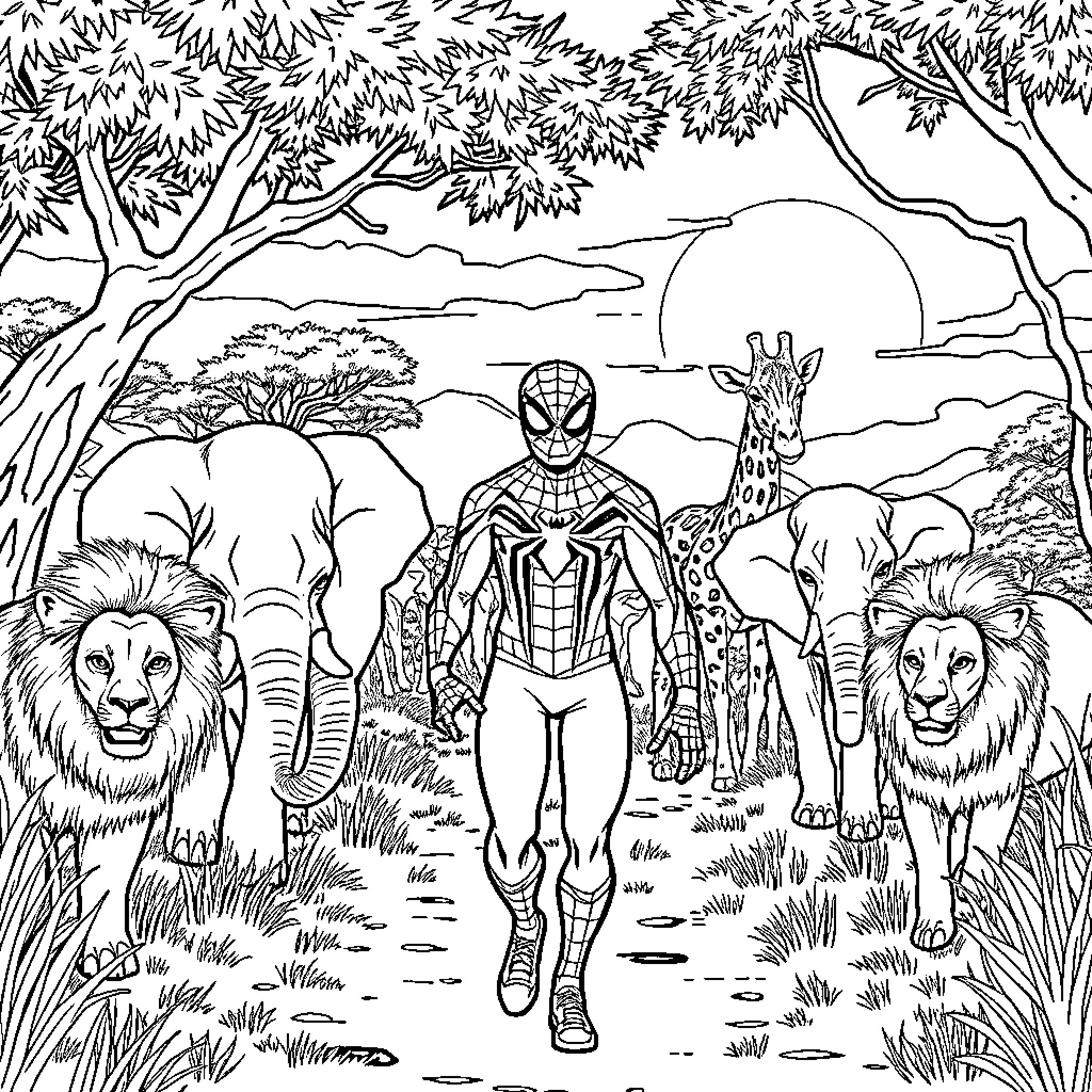Spider-Man in the Wild African Savanna Coloring Page (free black-and-white line drawing printable PDF for all, from beginners to advanced learners, including children, teens, adults, and seniors)