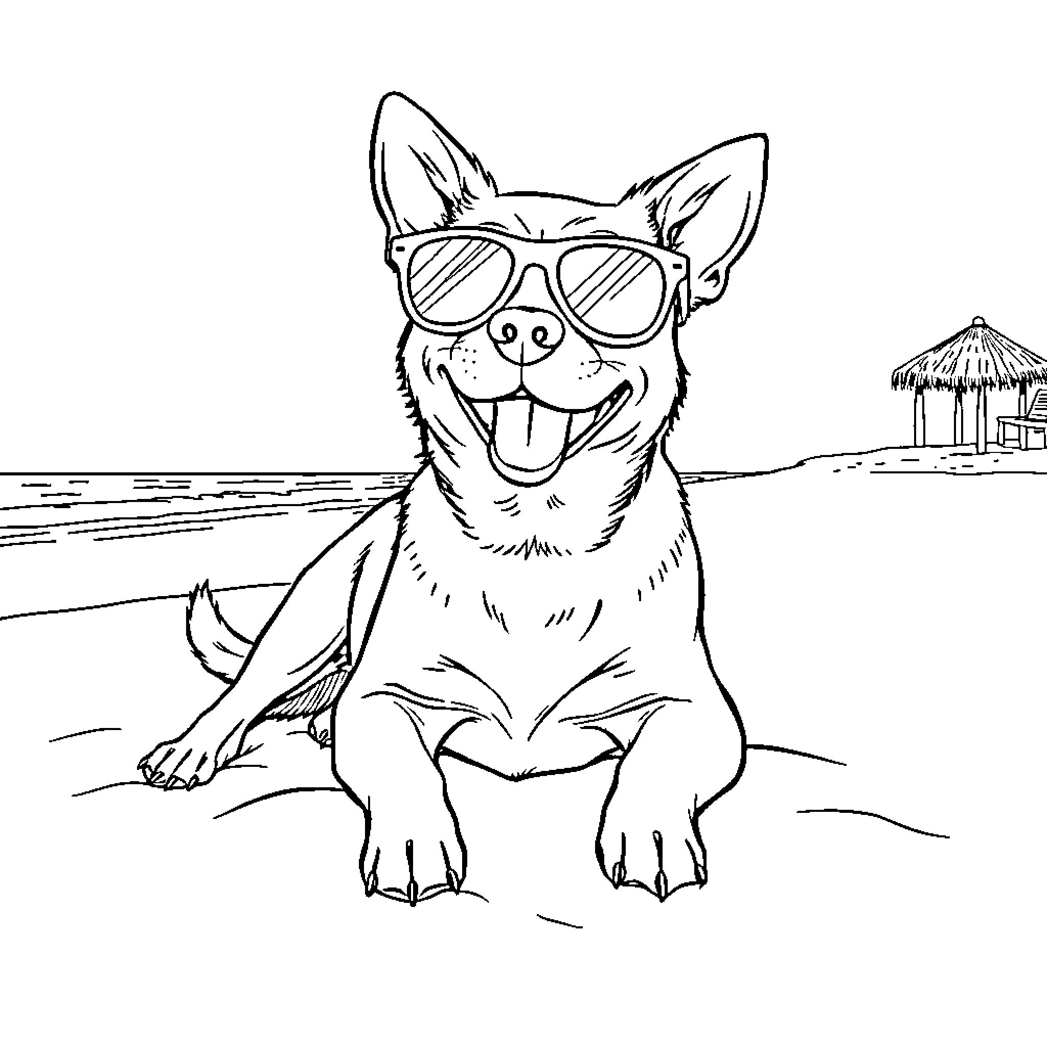 Dog enjoying the beach in sunglasses Coloring Page (free black-and-white line drawing printable PDF for all, from beginners to advanced learners, including children, teens, adults, and seniors)