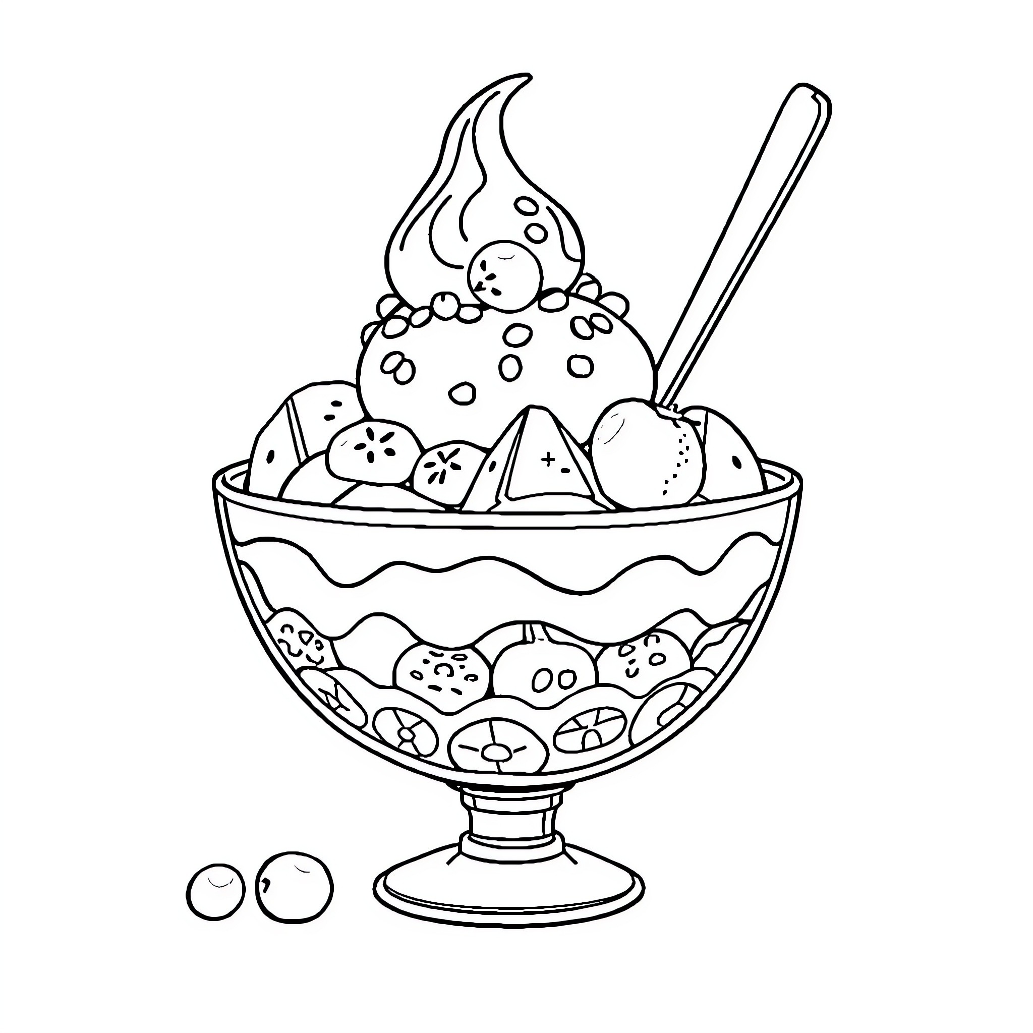 Cassata with Colorful Dessert Treats Coloring Page (free black-and-white line drawing printable PDF for all, from beginners to advanced learners, including children, teens, adults, and seniors)