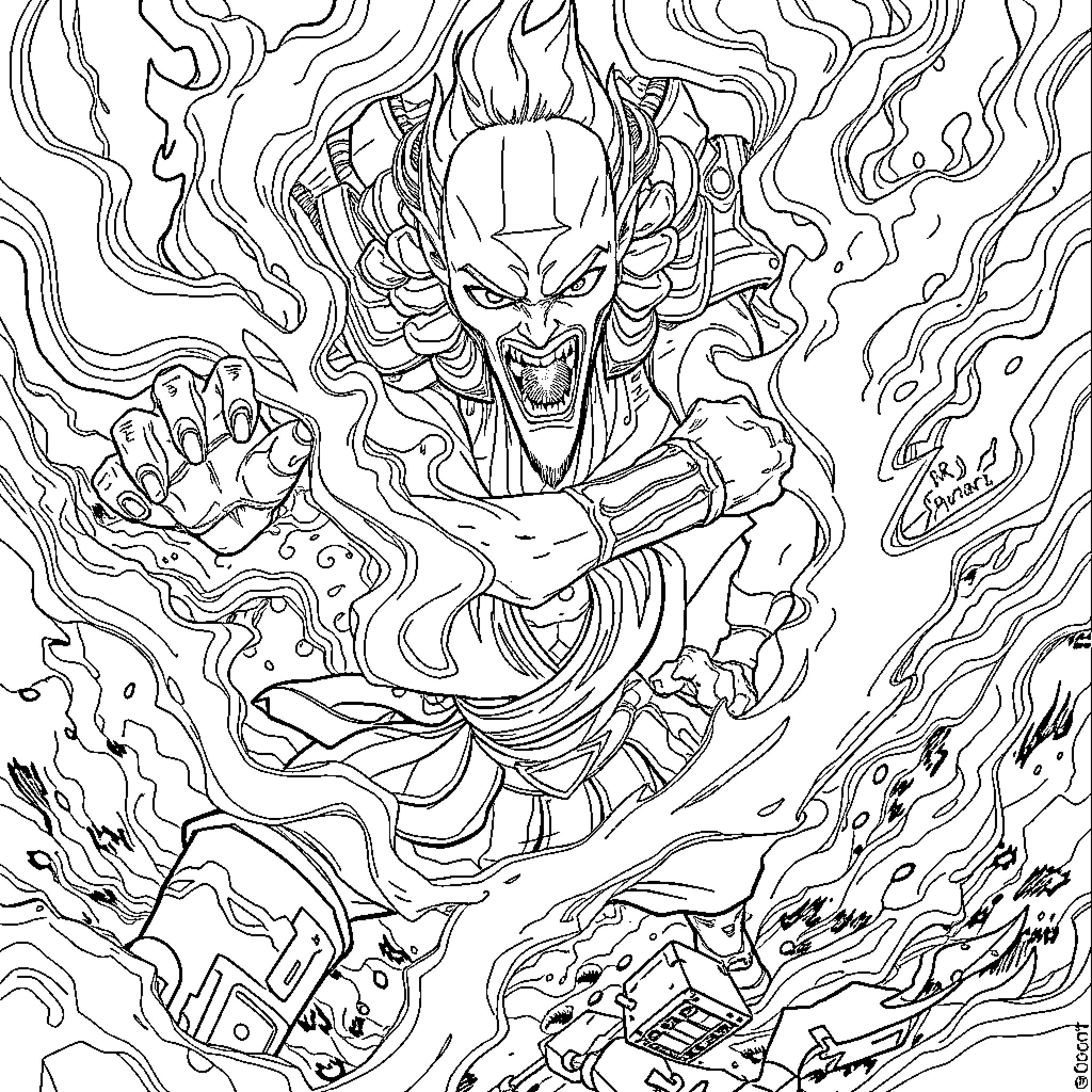 Avatar of a menacing demonic warrior in action Coloring Page (free black-and-white line drawing printable PDF for all, from beginners to advanced learners, including children, teens, adults, and seniors)