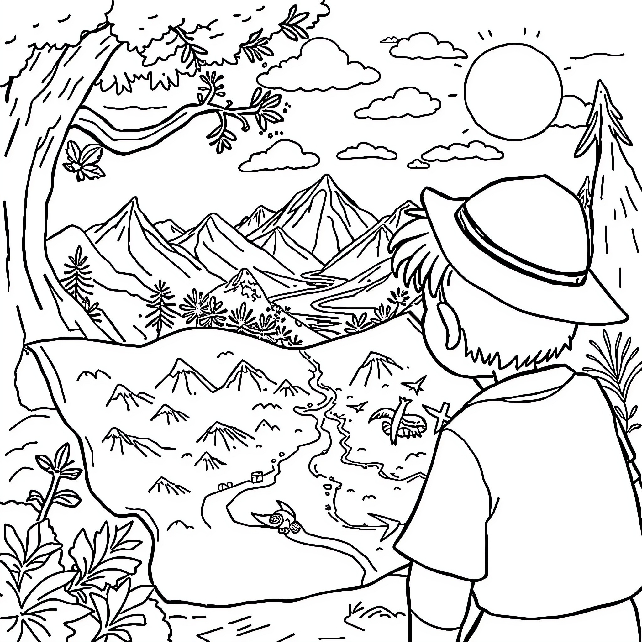 Treasure Map of Scenic Mountain Adventure Coloring Page (free black-and-white line drawing printable PDF for all, from beginners to advanced learners, including children, teens, adults, and seniors)