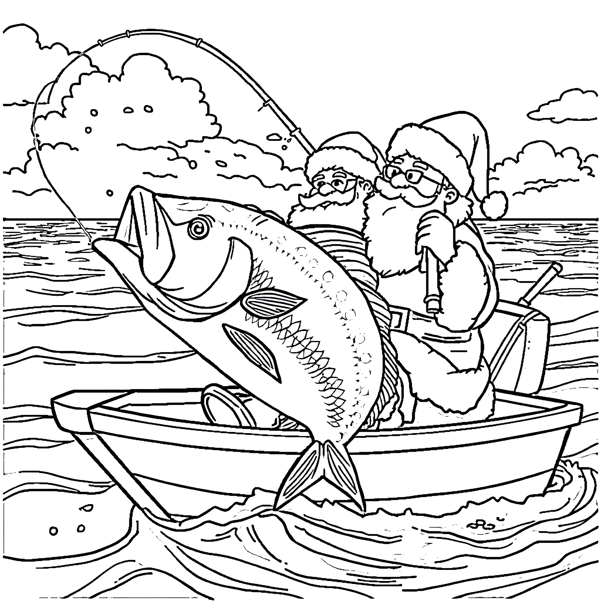 Santa and Elf Fishing on the Lake Coloring Page (free black-and-white line drawing printable PDF for all, from beginners to advanced learners, including children, teens, adults, and seniors)
