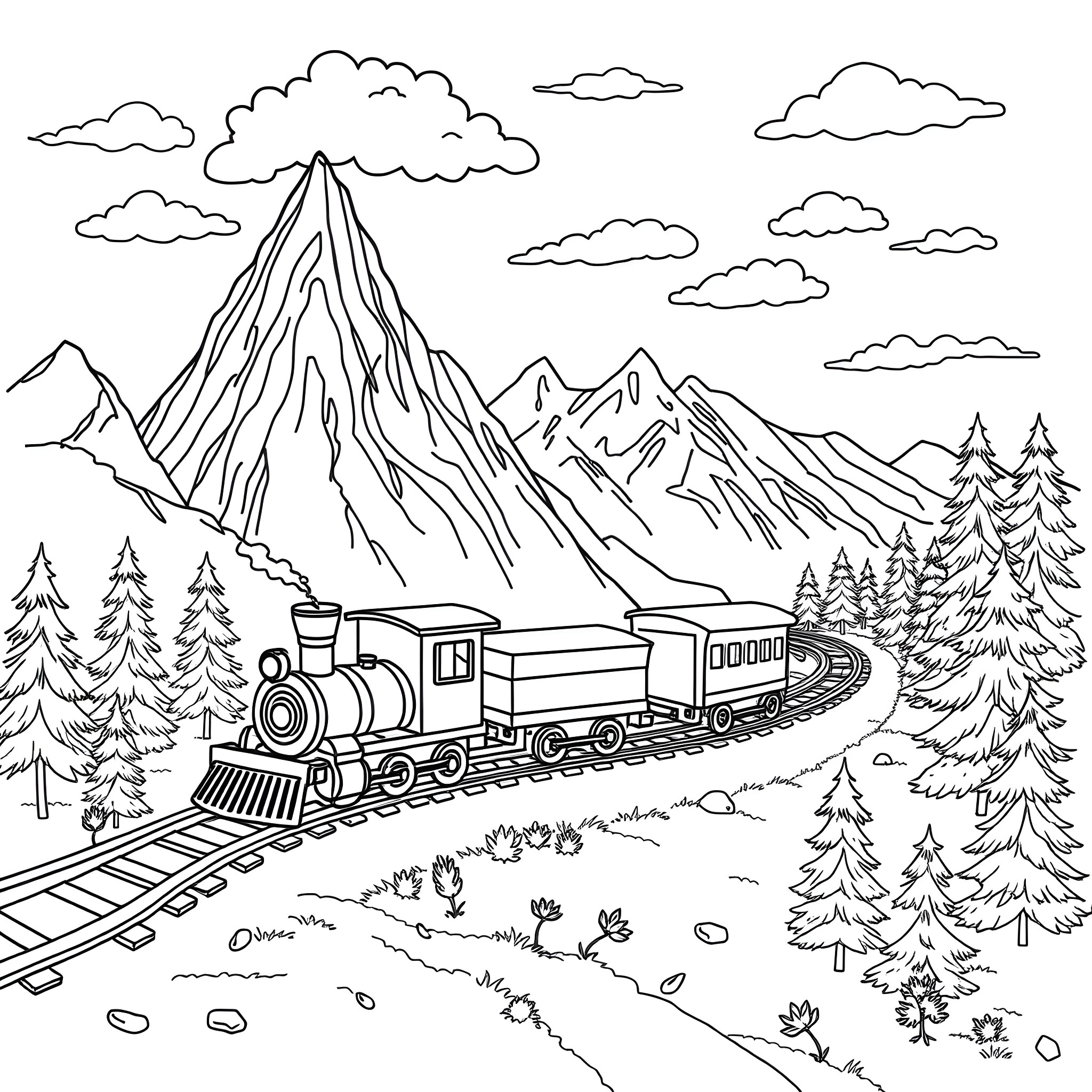 Train traversing through majestic mountain landscape Coloring Page (free black-and-white line drawing printable PDF for all, from beginners to advanced learners, including children, teens, adults, and seniors)