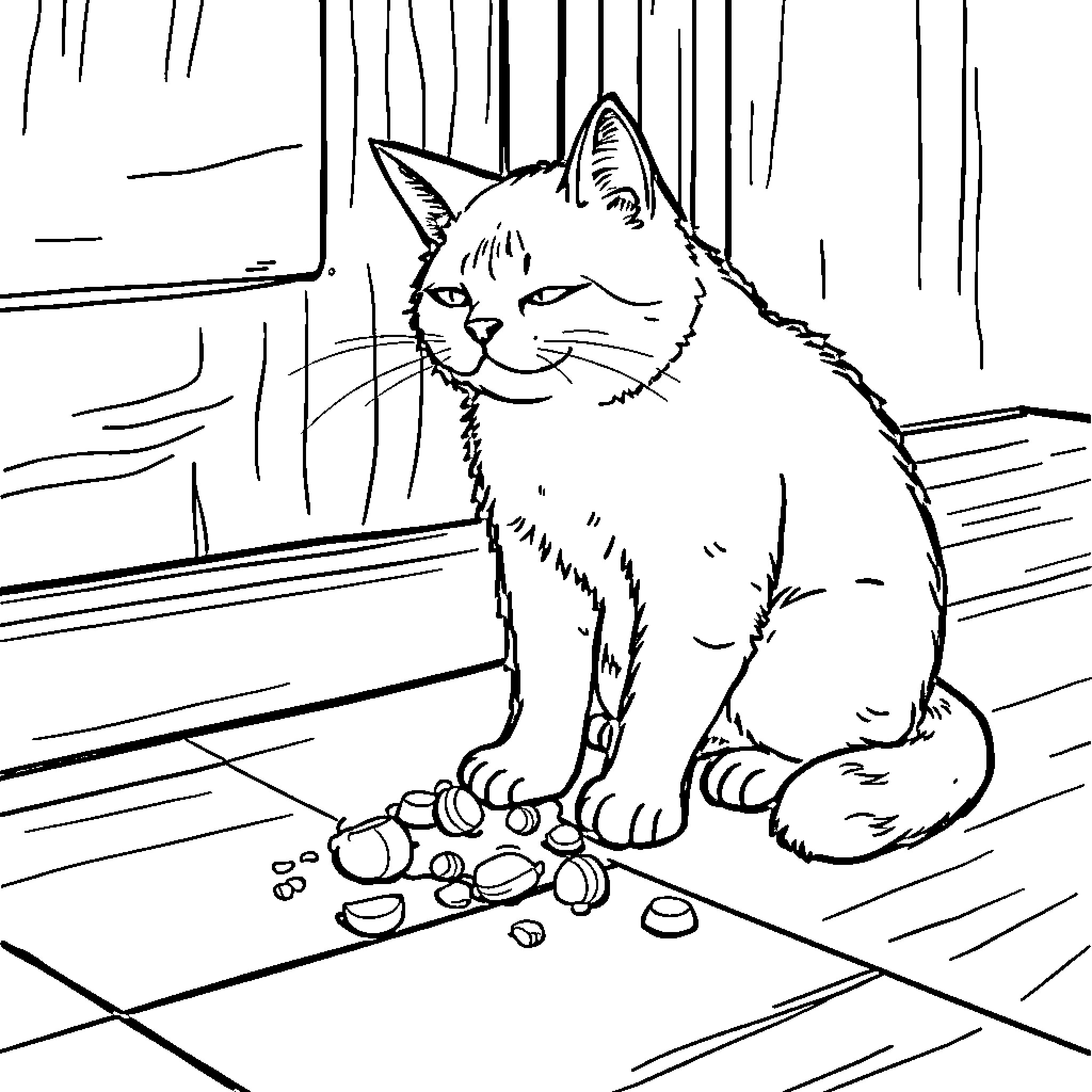 Cat admiring its toy collection Coloring Page (free black-and-white line drawing printable PDF for all, from beginners to advanced learners, including children, teens, adults, and seniors)