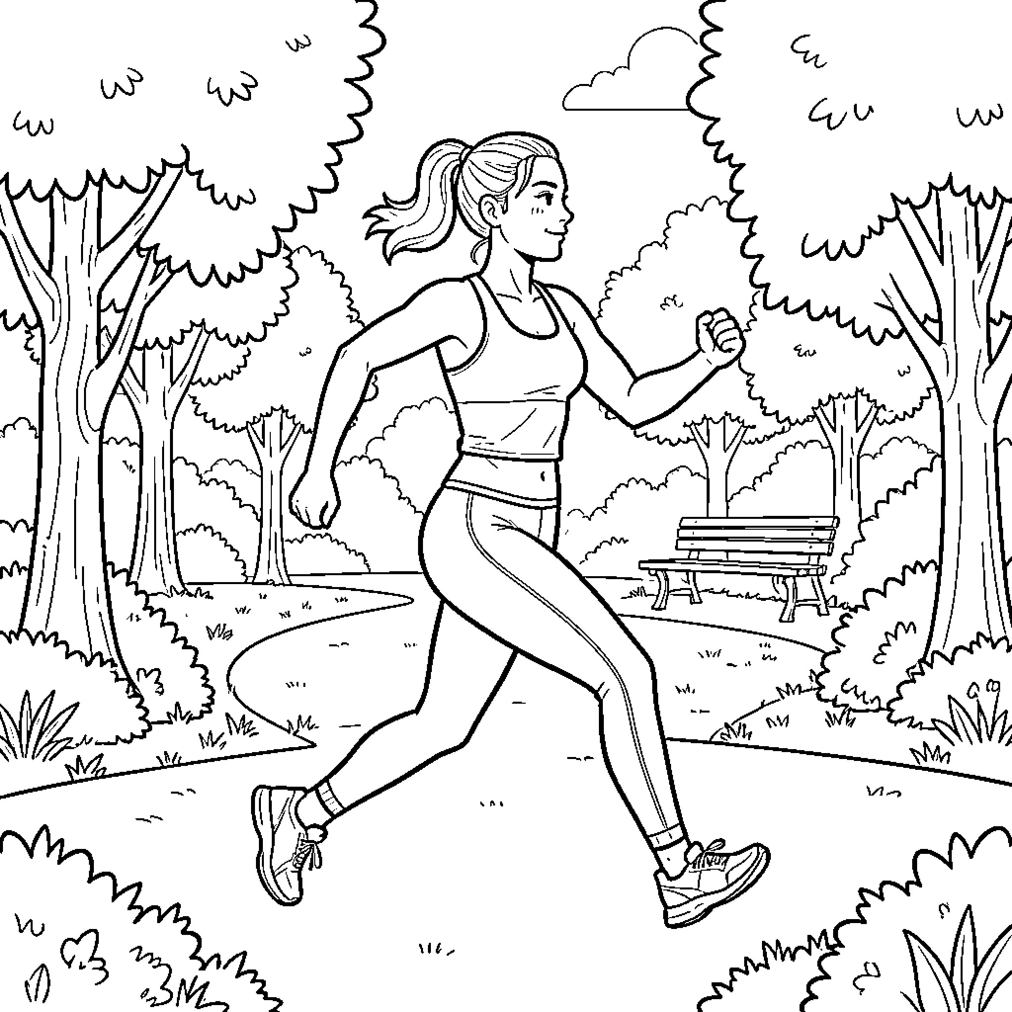 Woman Jogging on a Nature Trail Coloring Page (free black-and-white line drawing printable PDF for all, from beginners to advanced learners, including children, teens, adults, and seniors)