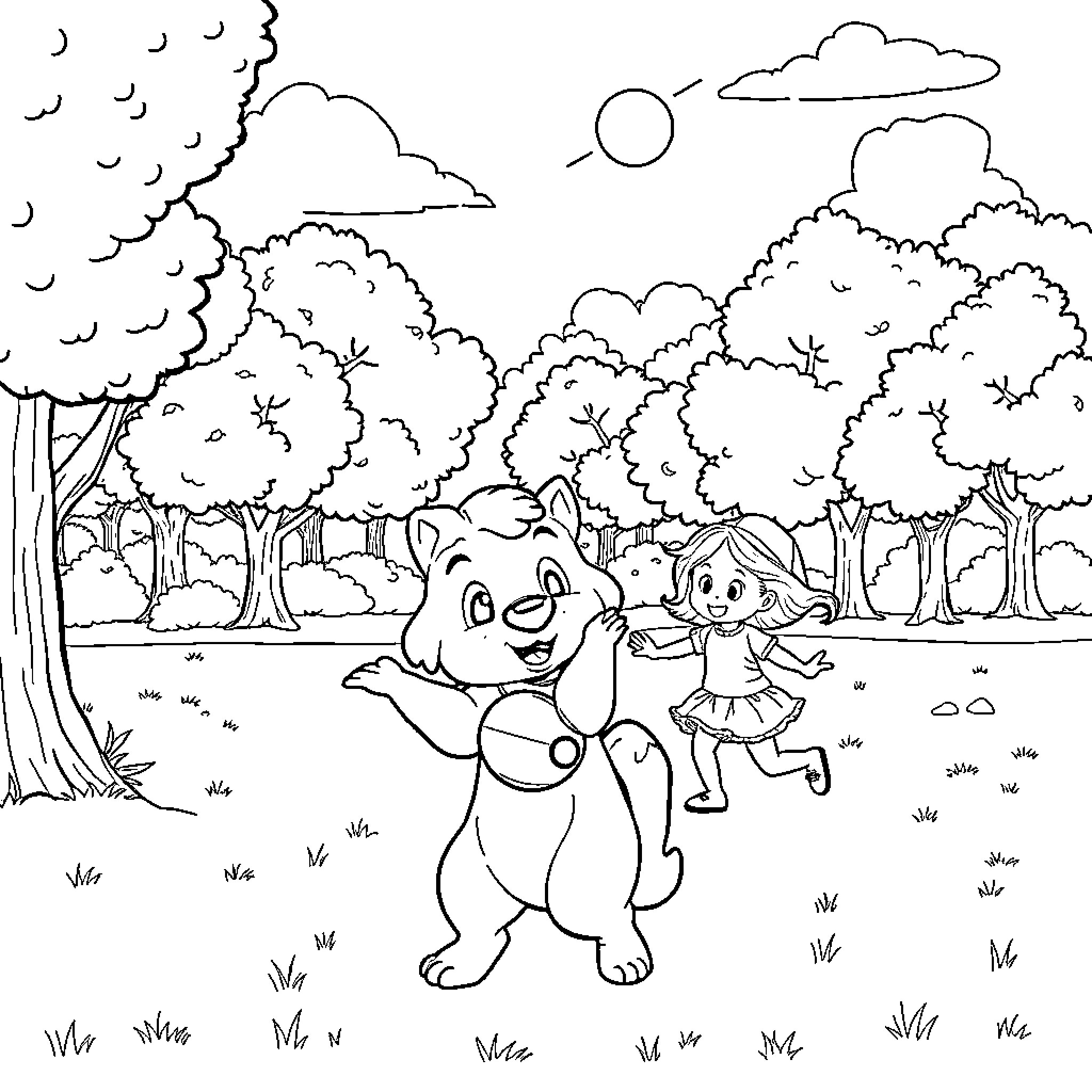 Loid and Friend Exploring the Forest Wonderland Coloring Page (free black-and-white line drawing printable PDF for all, from beginners to advanced learners, including children, teens, adults, and seniors)