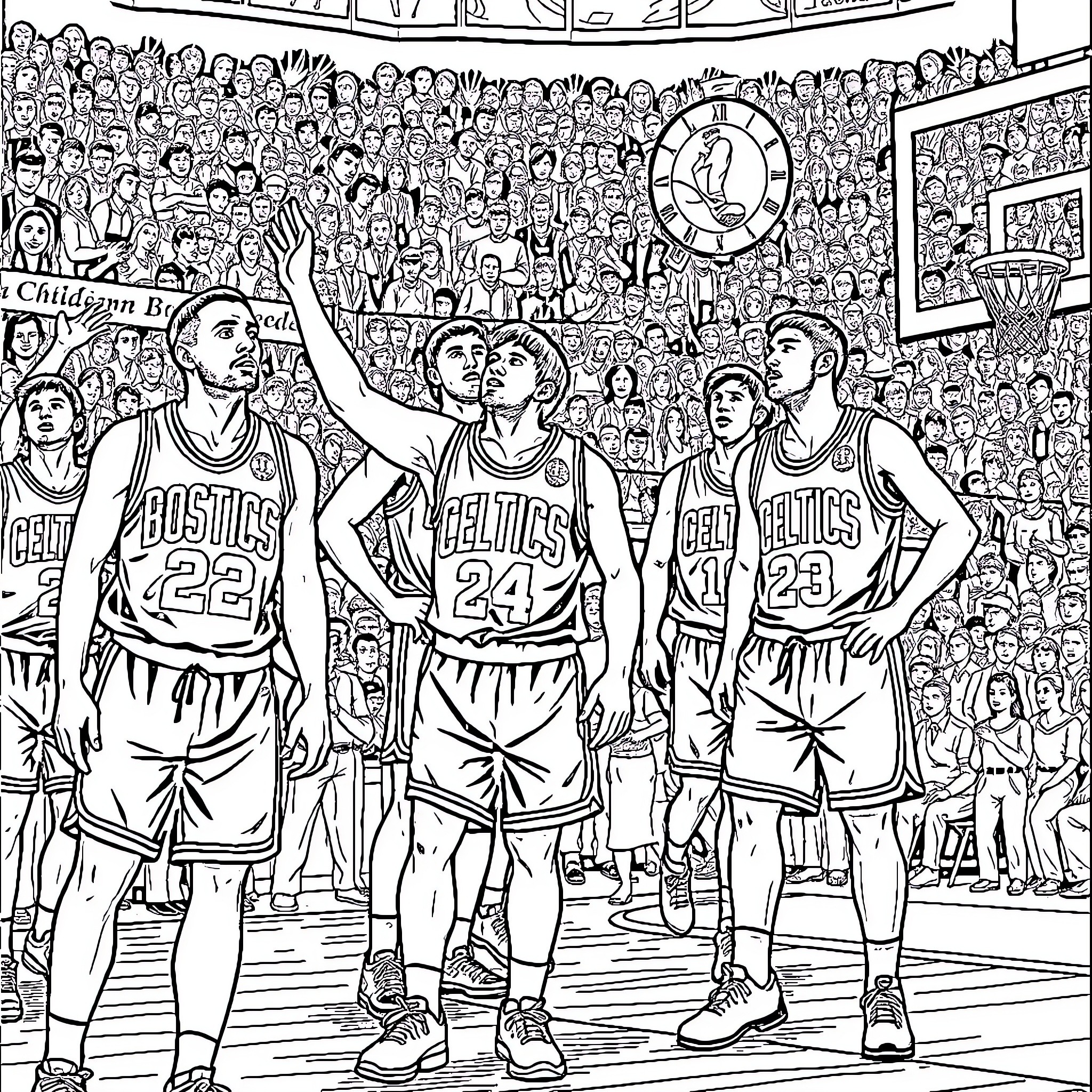 Boston Celtics players celebrating on the court Coloring Page (free black-and-white line drawing printable PDF for all, from beginners to advanced learners, including children, teens, adults, and seniors)