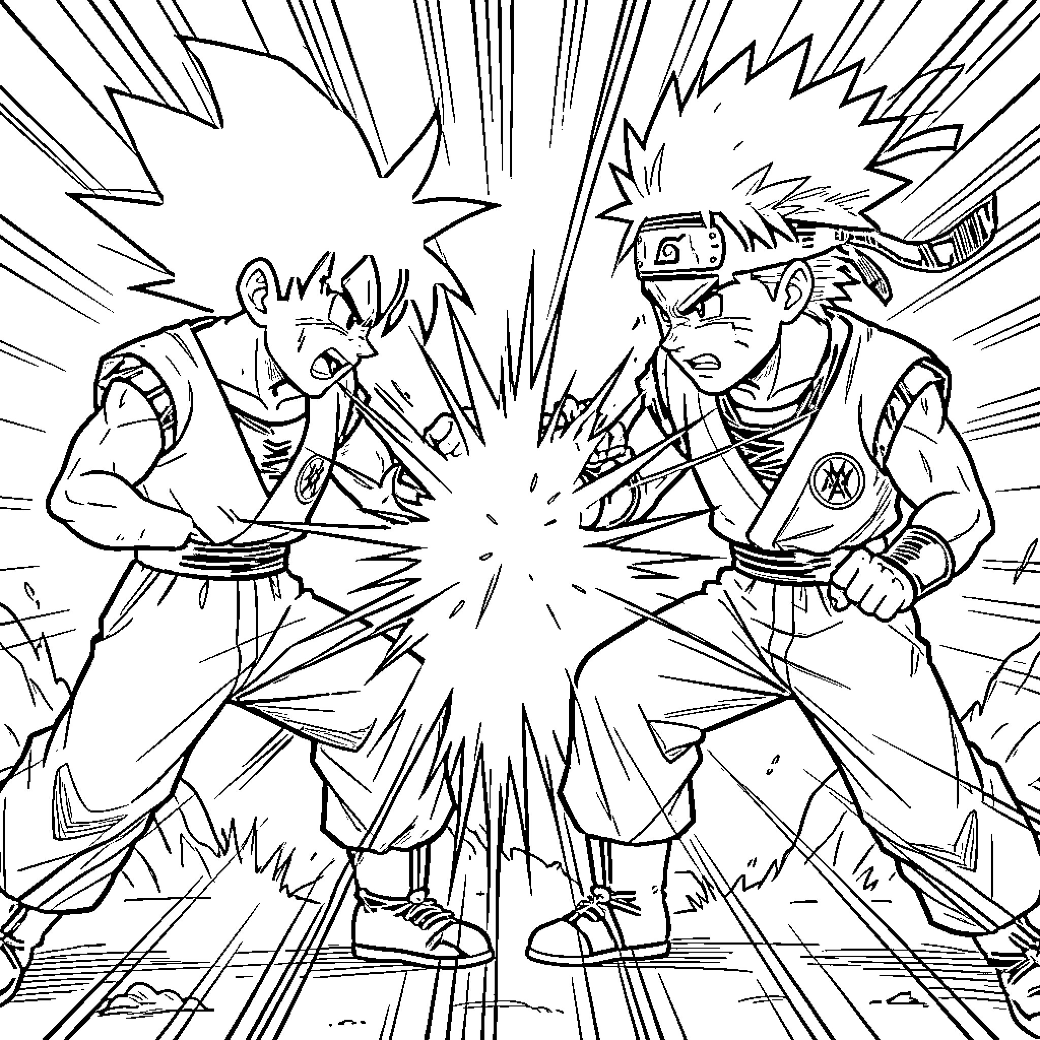Goku's Intense Battle with a Powerful Opponent Coloring Page (free black-and-white line drawing printable PDF for all, from beginners to advanced learners, including children, teens, adults, and seniors)
