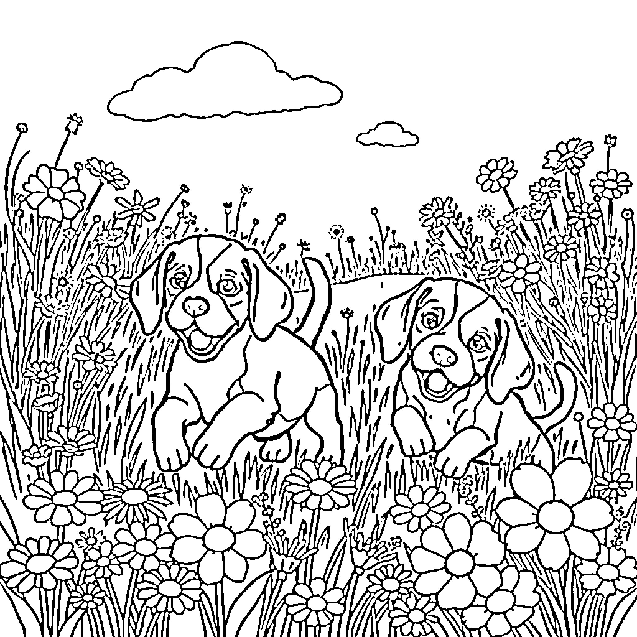 Beagles frolicking in a flower field Coloring Page (free black-and-white line drawing printable PDF for all, from beginners to advanced learners, including children, teens, adults, and seniors)
