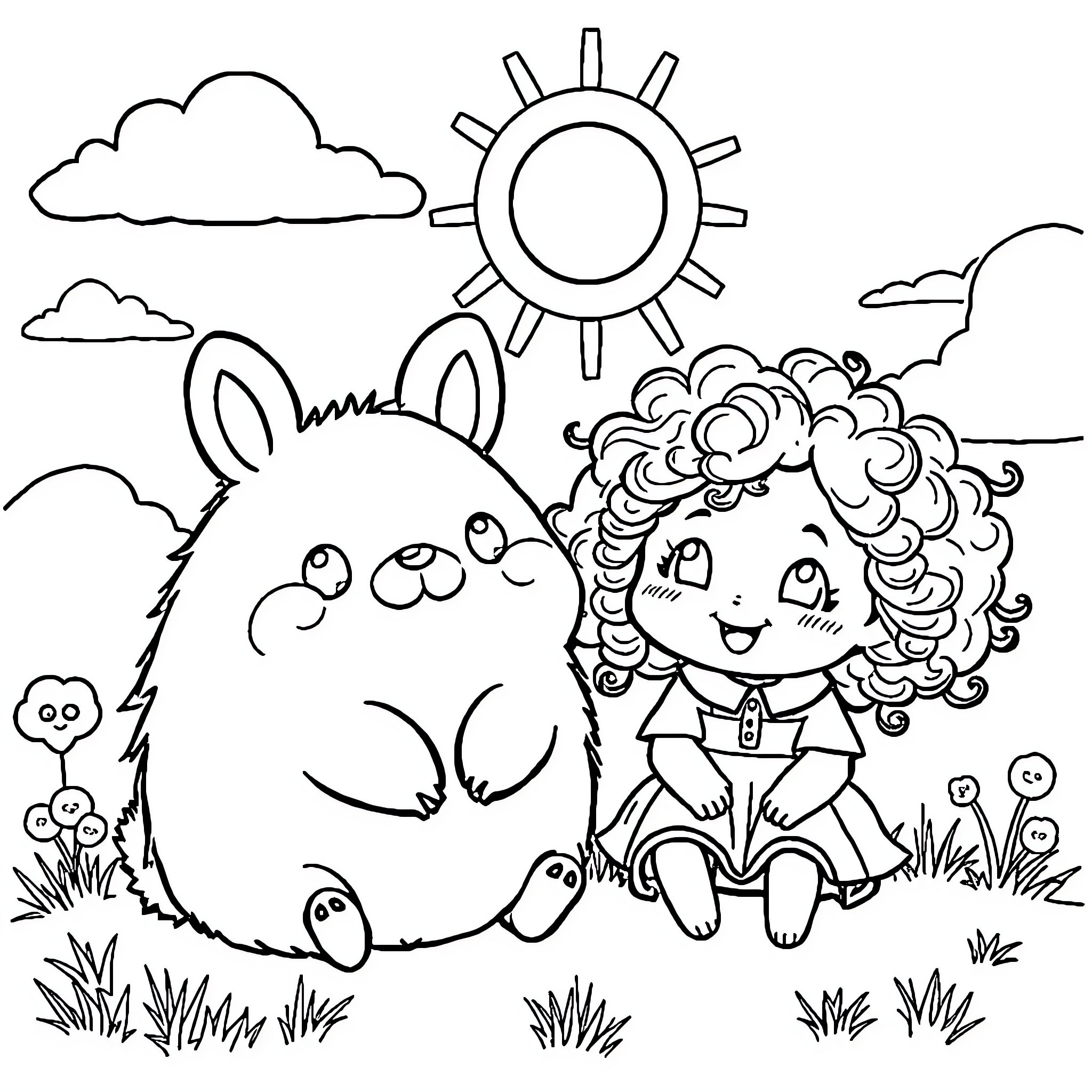 Pompompurin spending a sunny day with a cheerful friend Coloring Page (free black-and-white line drawing printable PDF for all, from beginners to advanced learners, including children, teens, adults, and seniors)