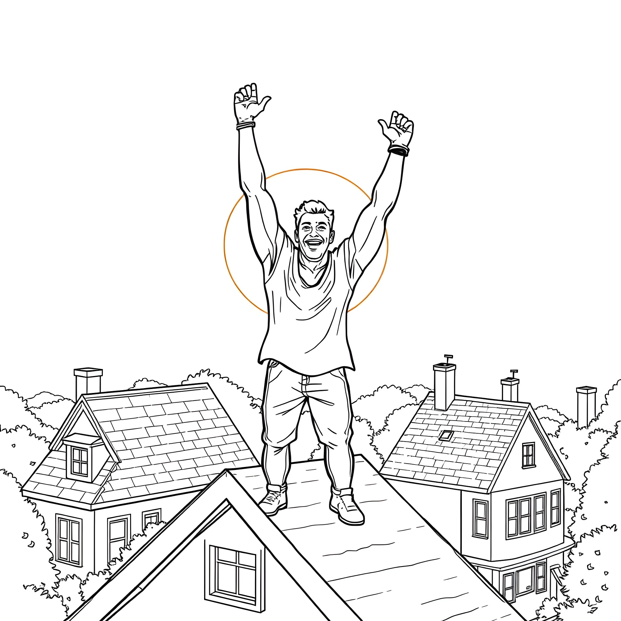 Jey Uso's triumphant celebration atop the rooftops Coloring Page (free black-and-white line drawing printable PDF for all, from beginners to advanced learners, including children, teens, adults, and seniors)