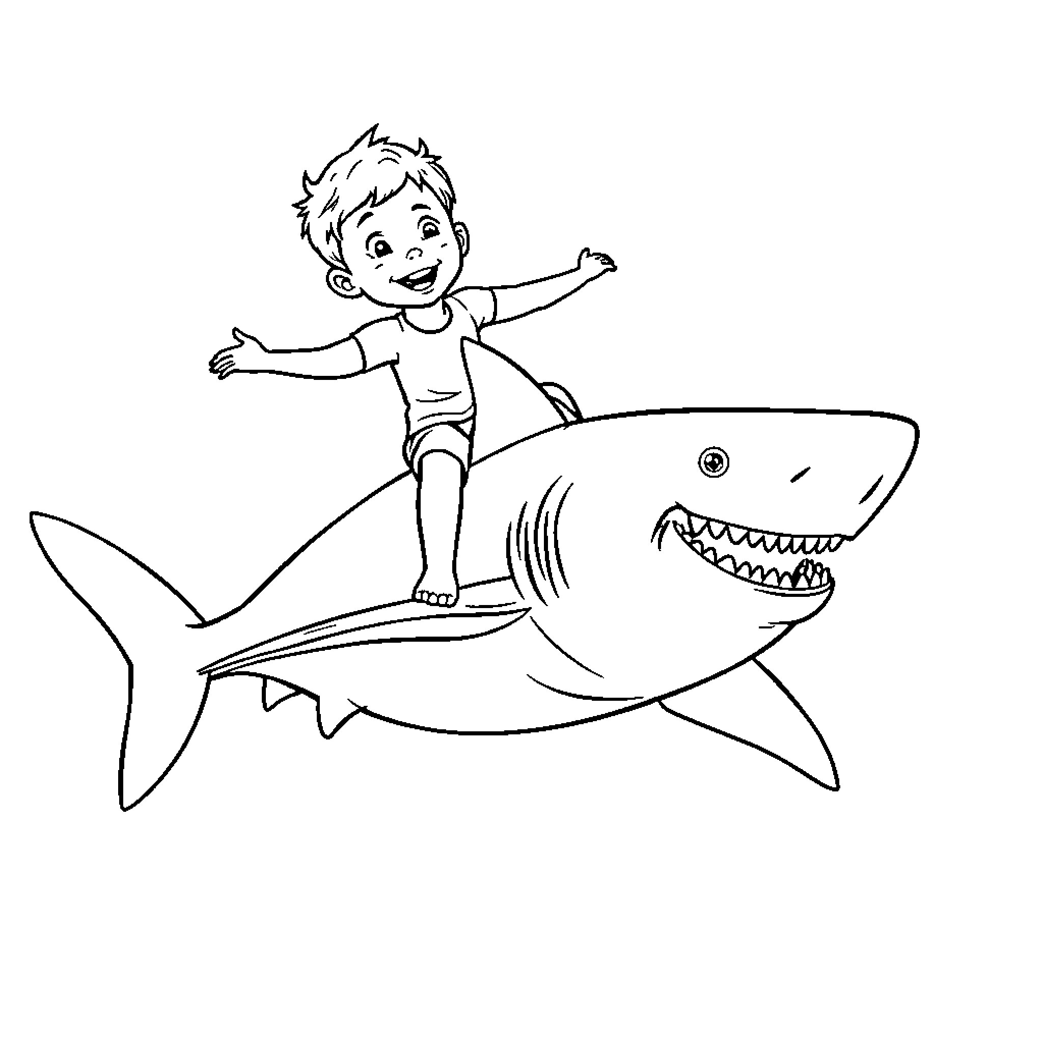 Boy riding a playful shark Coloring Page (free black-and-white line drawing printable PDF for all, from beginners to advanced learners, including children, teens, adults, and seniors)