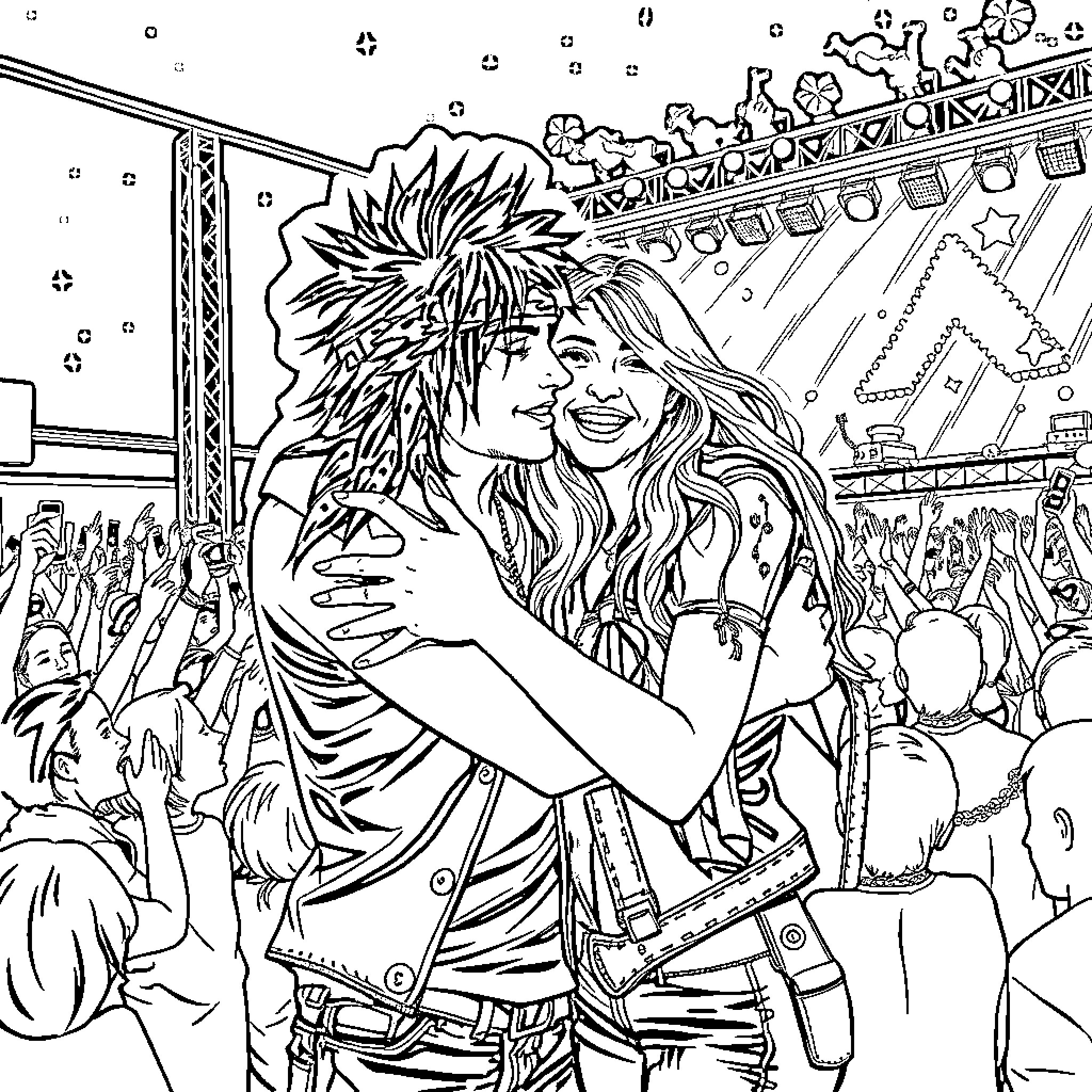 Axl Rose embracing a fan on stage at a concert Coloring Page (free black-and-white line drawing printable PDF for all, from beginners to advanced learners, including children, teens, adults, and seniors)