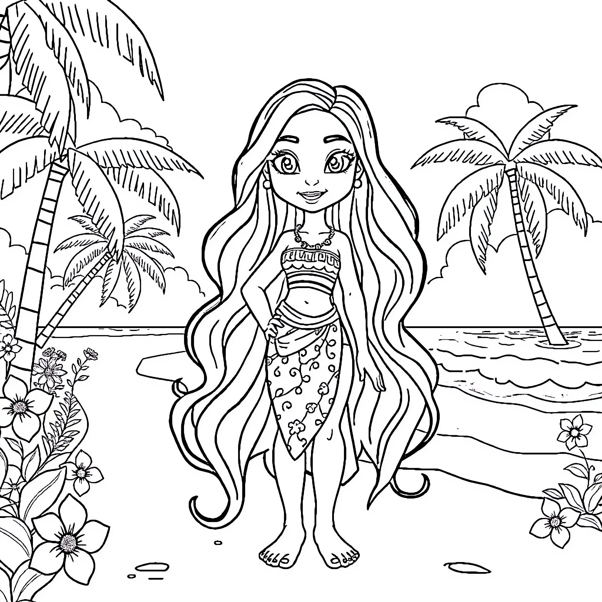 Vaiana exploring tropical beach with palm trees Coloring Page (free black-and-white line drawing printable PDF for all, from beginners to advanced learners, including children, teens, adults, and seniors)